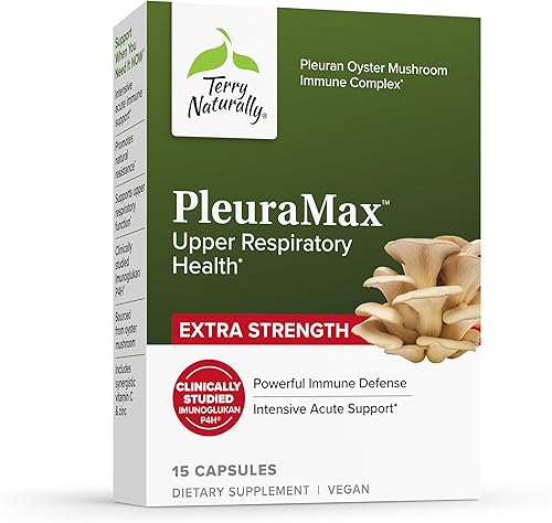 Terry Naturally PleuraMax Extra Strength -Upper Respiratory Health Supplement -Sourced from Oyster Mushrooms -Includes Vitamin C & Zinc for Immune