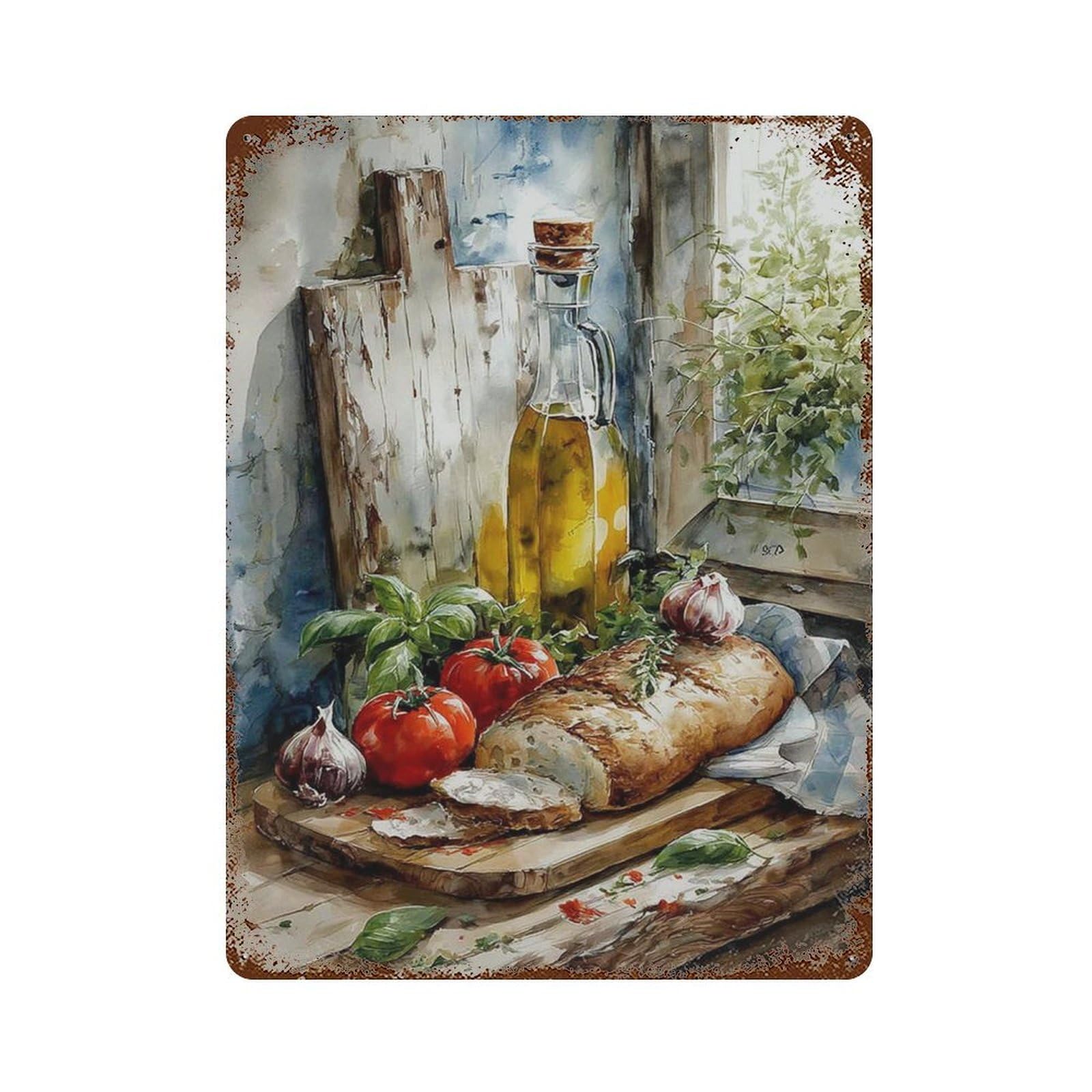 xiaoxiaoshen Rustic Kitchen Still Life Bread And Tomato Mediterranean Food Painting Farmhouse Wall Decor Art Metal Tin Poster Modern Home Decor Art Home Bar Shop Decorations Vintage Sign 40x30cm