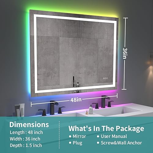 Miniatura 7 de JONKEAN Espejo de baño LED de 48 x 36 pulgadas con luces, espejo LED antivaho montado en la pared para baño, espejos de baño rectangulares con