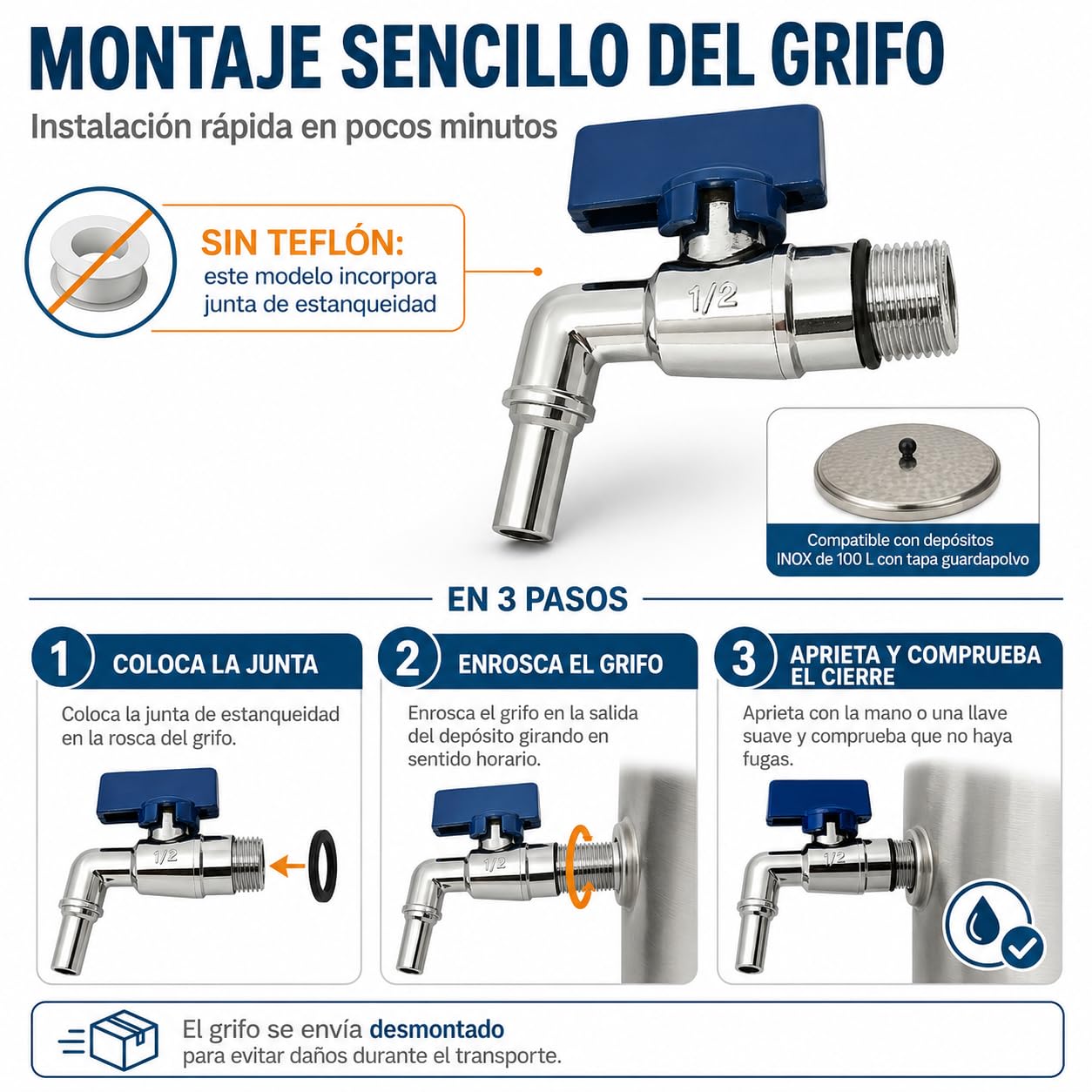 Depósito de Acero Inoxidable para Aceite y Vino 100 L, AISI 304 con Tapa Guardapolvo y Grifo, Interior Efecto Espejo, Ø43 x 80 cm