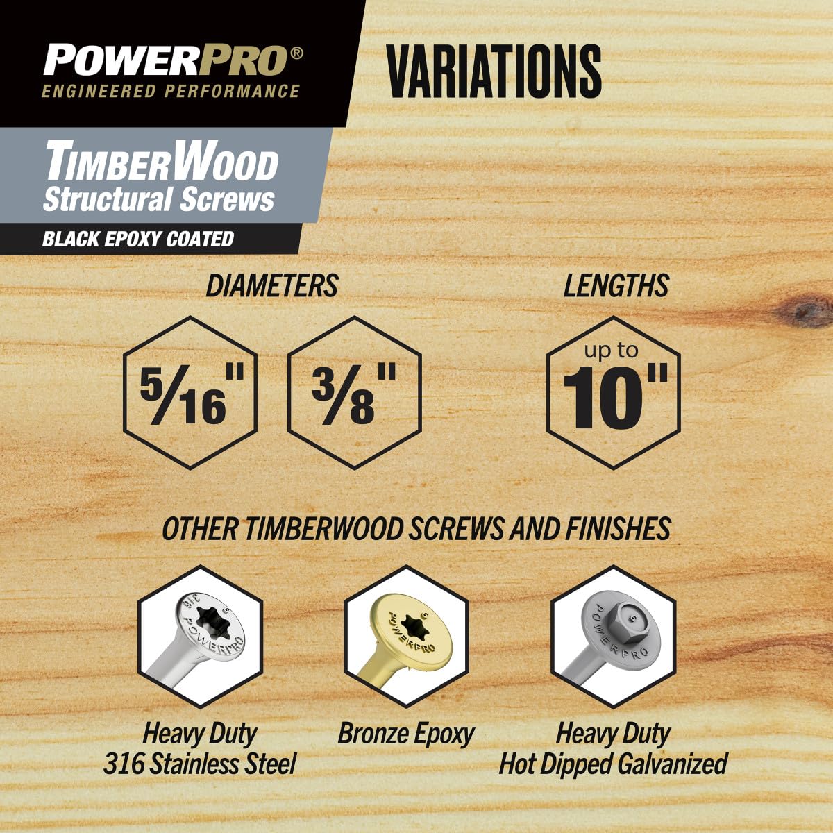 Power Pro 50 viti strutturali per legno placcato nero (5/16" x 2-1/2") | Viti per legno a testa piatta svasata | Elementi di fissaggio esterni multistrato rivestiti in resina epossidica