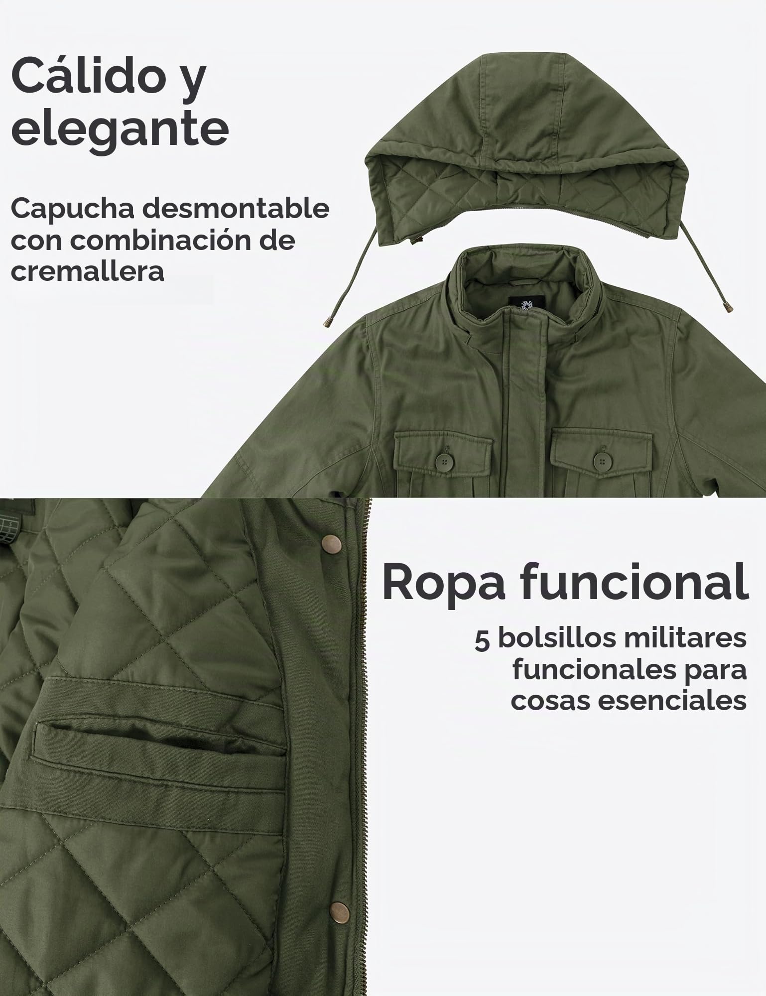 Wantdo Chaqueta con Capucha para Mujer Abrigos de Invierno de Viento | Bolsillos 3D multifuncionales,Cortavientos,Capucha Desmontable,Cremallera SBS,Puños Acanalados,Cintura Ajustable,Otoño