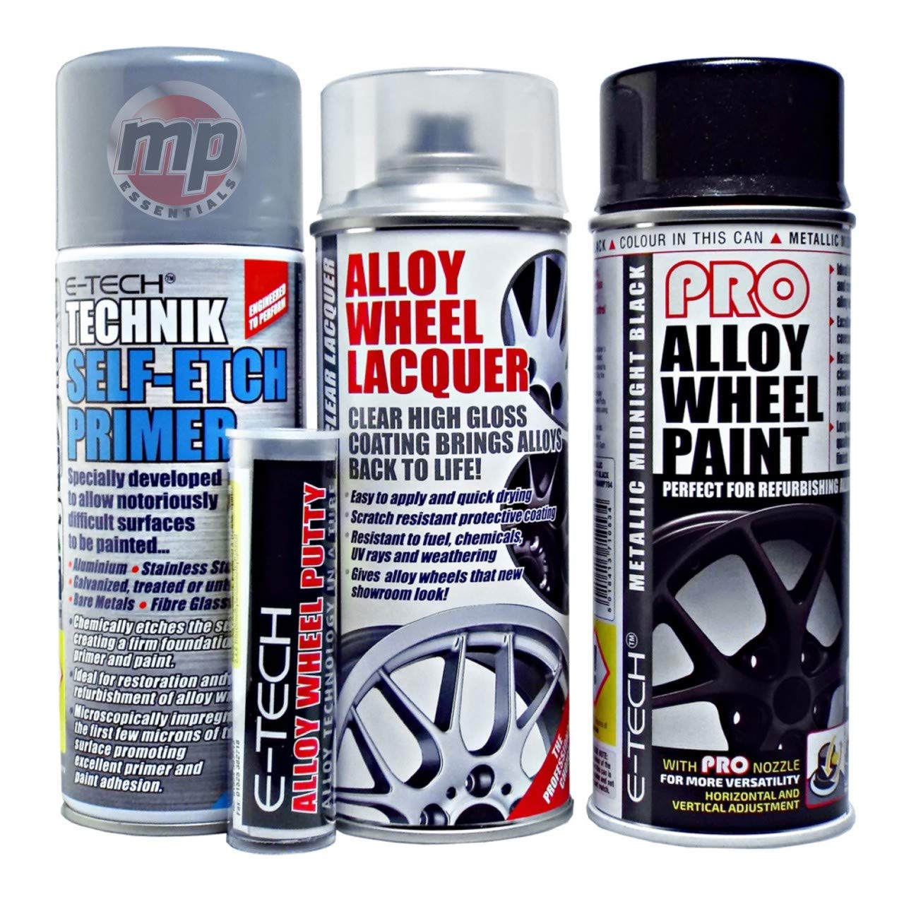Mp Essential Metallic Midnight Black 4 Step System Alloy Wheel Restore Refurbishment Repaint Pack | Alloy Wheel Primer, Lacquer & E-Tech Pro Paint With Free Putty Included (Metallic Midnight Black)
