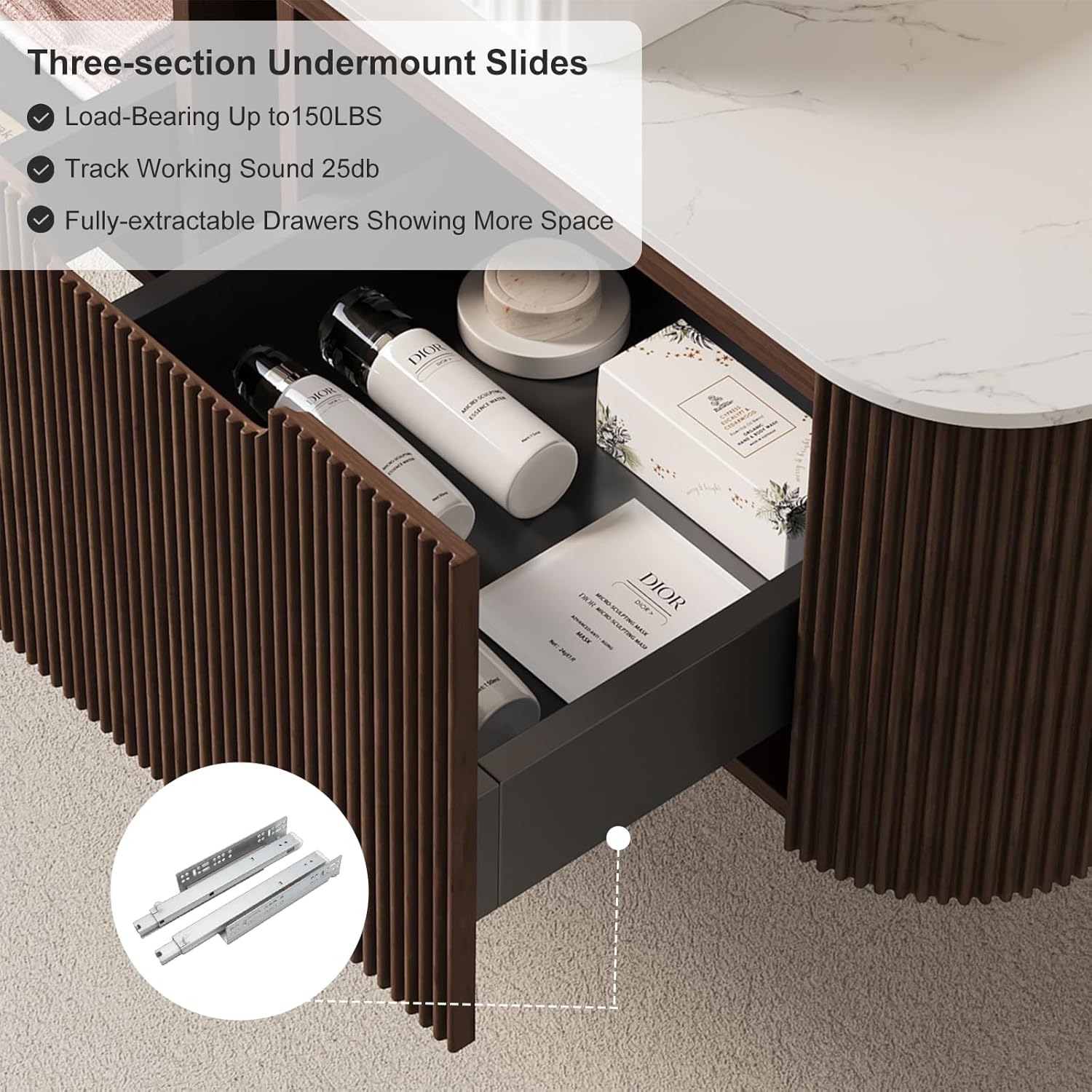 24" Floating Bathroom Vanity with Sink, Modern Bathroom Storage Cabinet with Ceramic Bowl Shape Basin and Marble Top, Large Storage Drawer, Soft-Close Design, Pre-Assembled, Dark Walnut