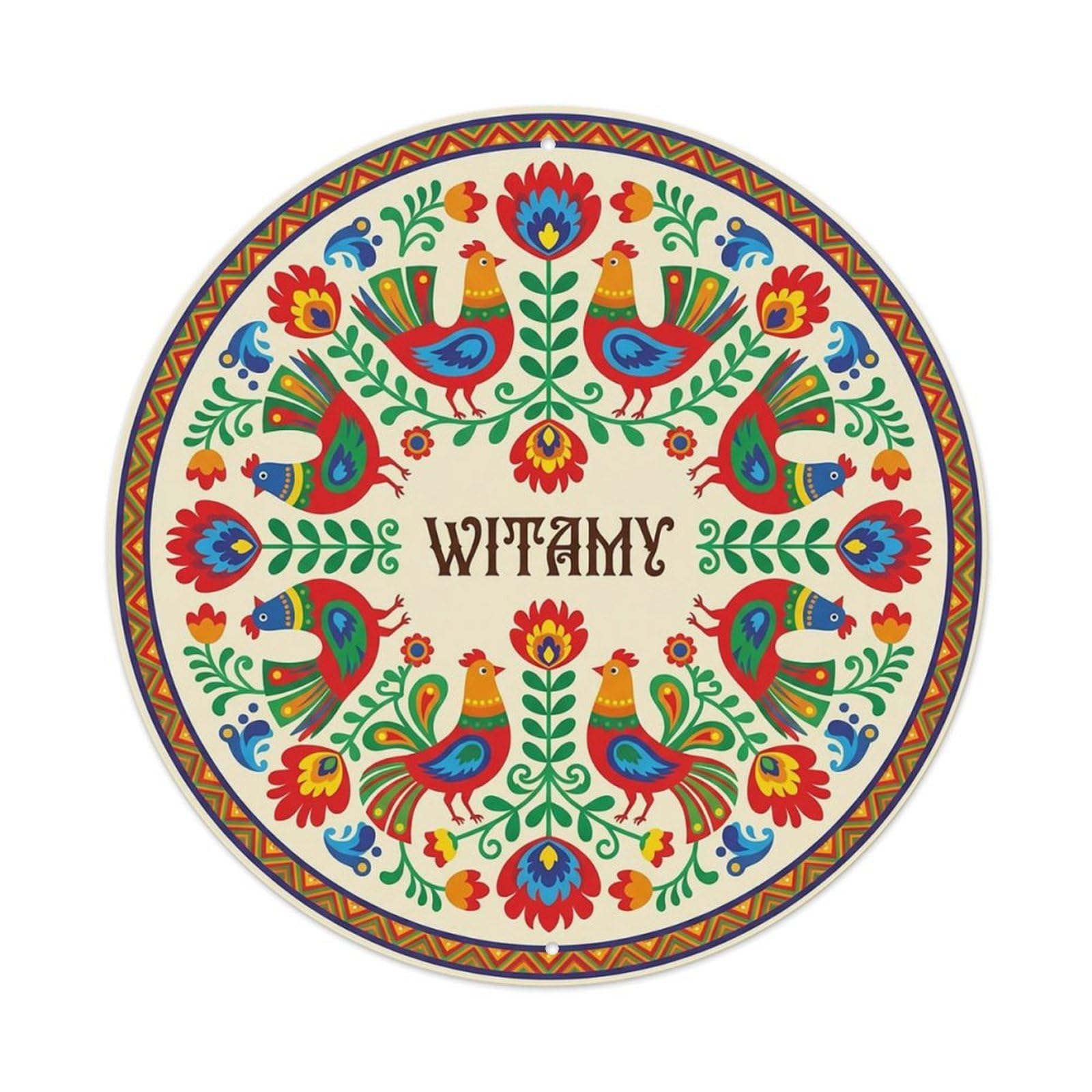 Vintage Polish Folk Art Witamy Welcome Bird Wreath Metal Tin Sign