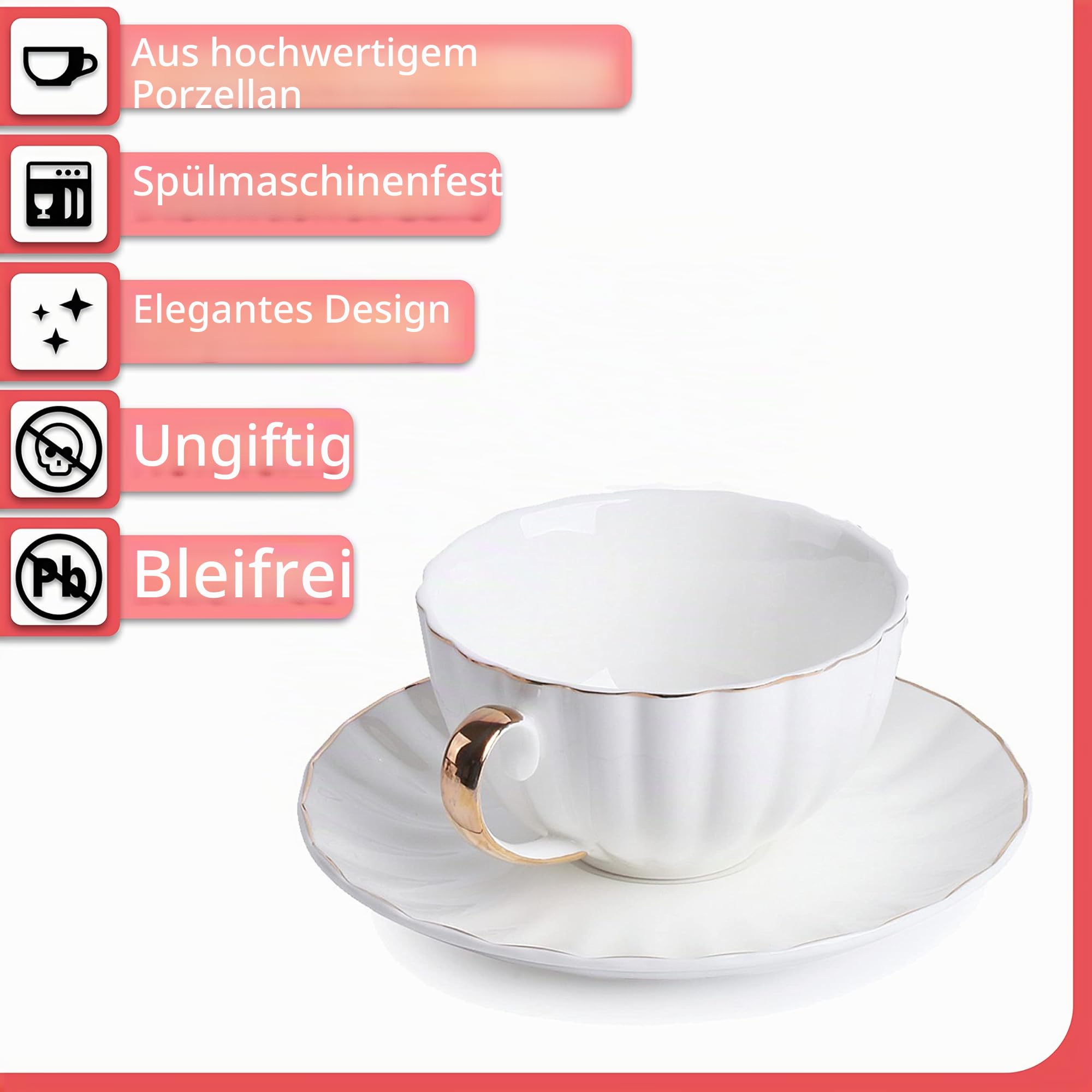 BTaT- Teetassen und Untertassen, 6er Set (200 ml) mit Goldrand und Geschenkbox, Cappuccinotassen, Kaffeetassen, weiße Teetassen Set, britische Kaffeetassen, Espressotasse, weiße Tasse | Kaffeetassen Set aus weißem Porzellan, spülmaschinenfest, ideal für M