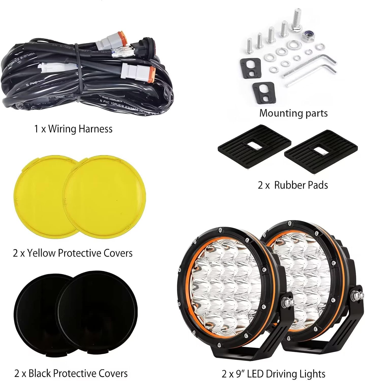 7in 2PCS LED Off Road Lights 210W 32000LM Super Bright Amber Cover 12V 24V with Wiring Harness for Pickup Truck SUV Offroad