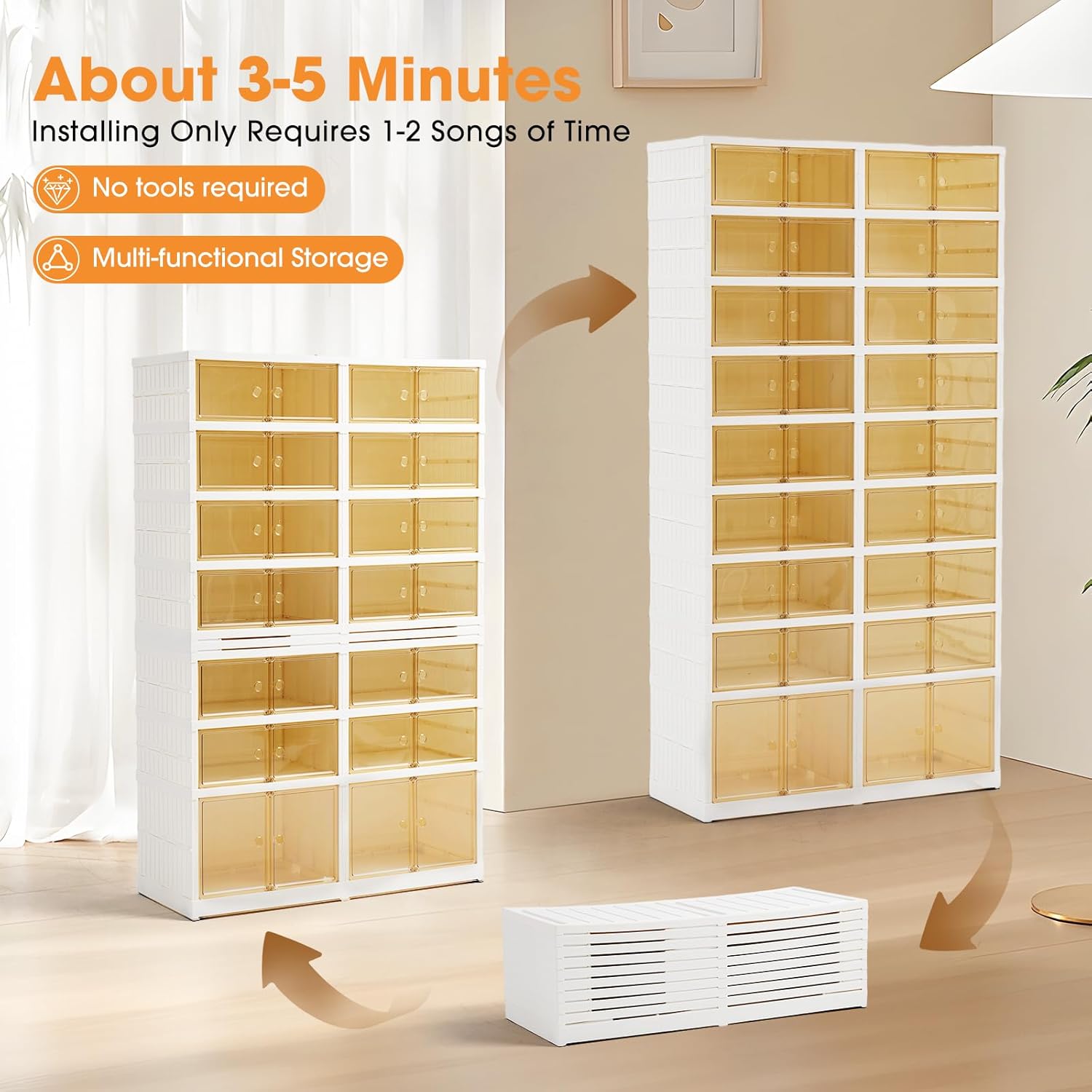 LAFORMO Folding Shoe Rack Storage Device,Large Plastic Folding Shoe Cabinet, Easy to Assemble Shoe Rack Storage Cabinet with Transparent Door Magnetic Buckle(9Tiers,36Pairs)