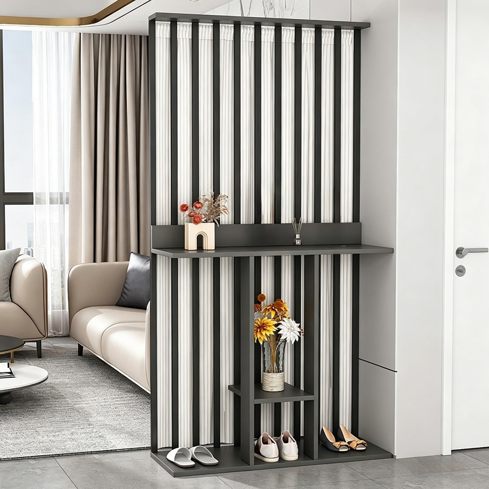 Wall Room Divider, Freestanding Slatted Partition with Shelves, Modern Slim Privacy Screen for Entryway, Living Room and Hallway(Black+Gray (Curtain),100cm)