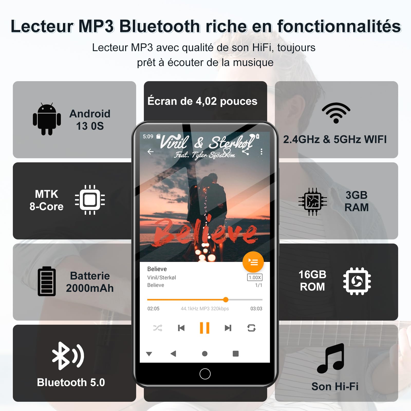 16 Go Lecteur MP3 avec Bluetooth WiFi et écran Tactile 4.02"