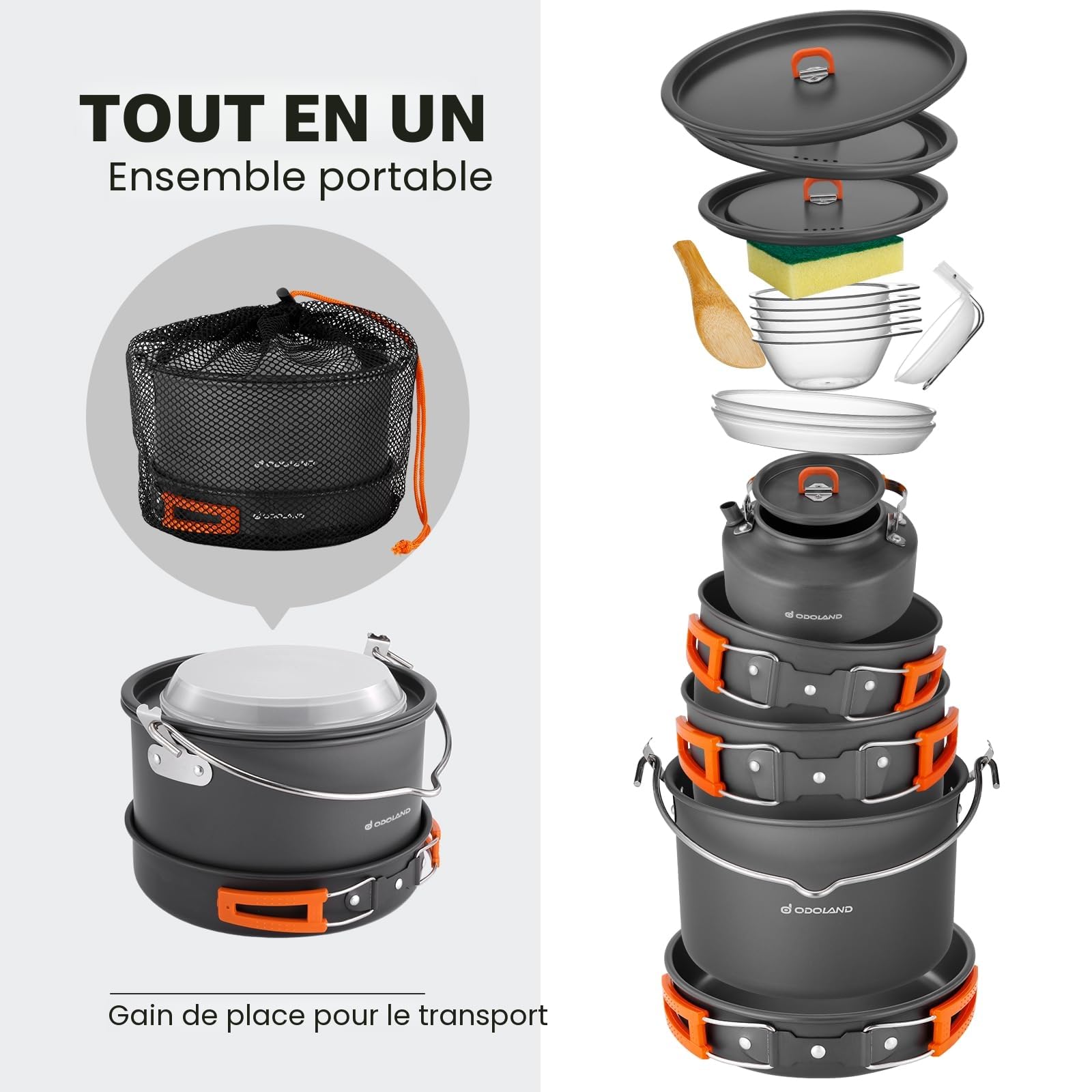 Odoland Set de Casseroles de Camping 16 Pièces, Set de Vaisselle Outdoor avec 3 Casseroles, Poêle à Frire et Bouilloire, Kit de Casseroles en Aluminium pour Le Camping, Voyage, Pique-Nique