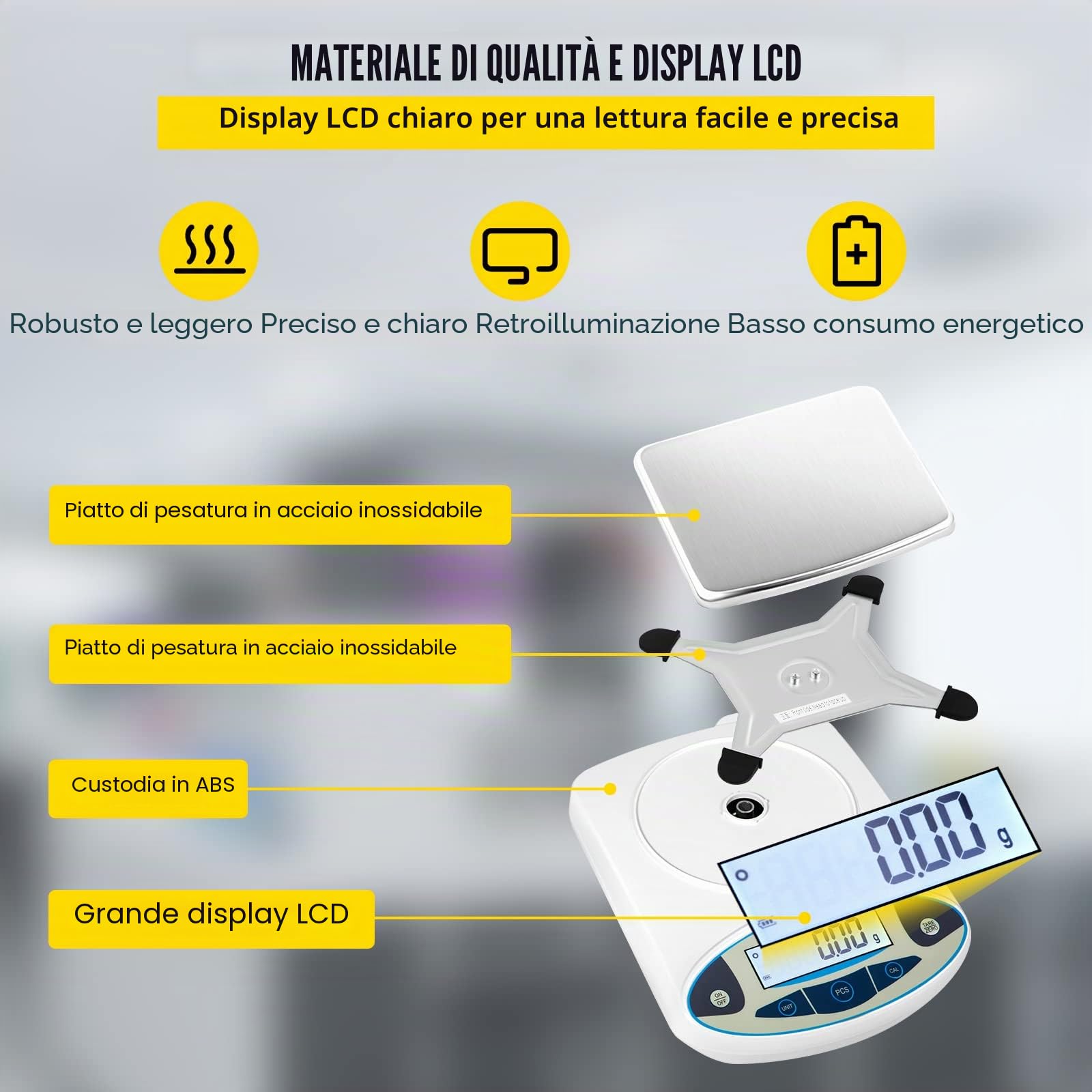 VEVOR Bilancia Analitica Digitale per Laboratorio Max Capacità 5000g, Bilancia Chimica Alta Precisione 0.01g, Tecnica applicata a Laboratori, Università, Aziende, Industrie, Gioiellieri, bianco
