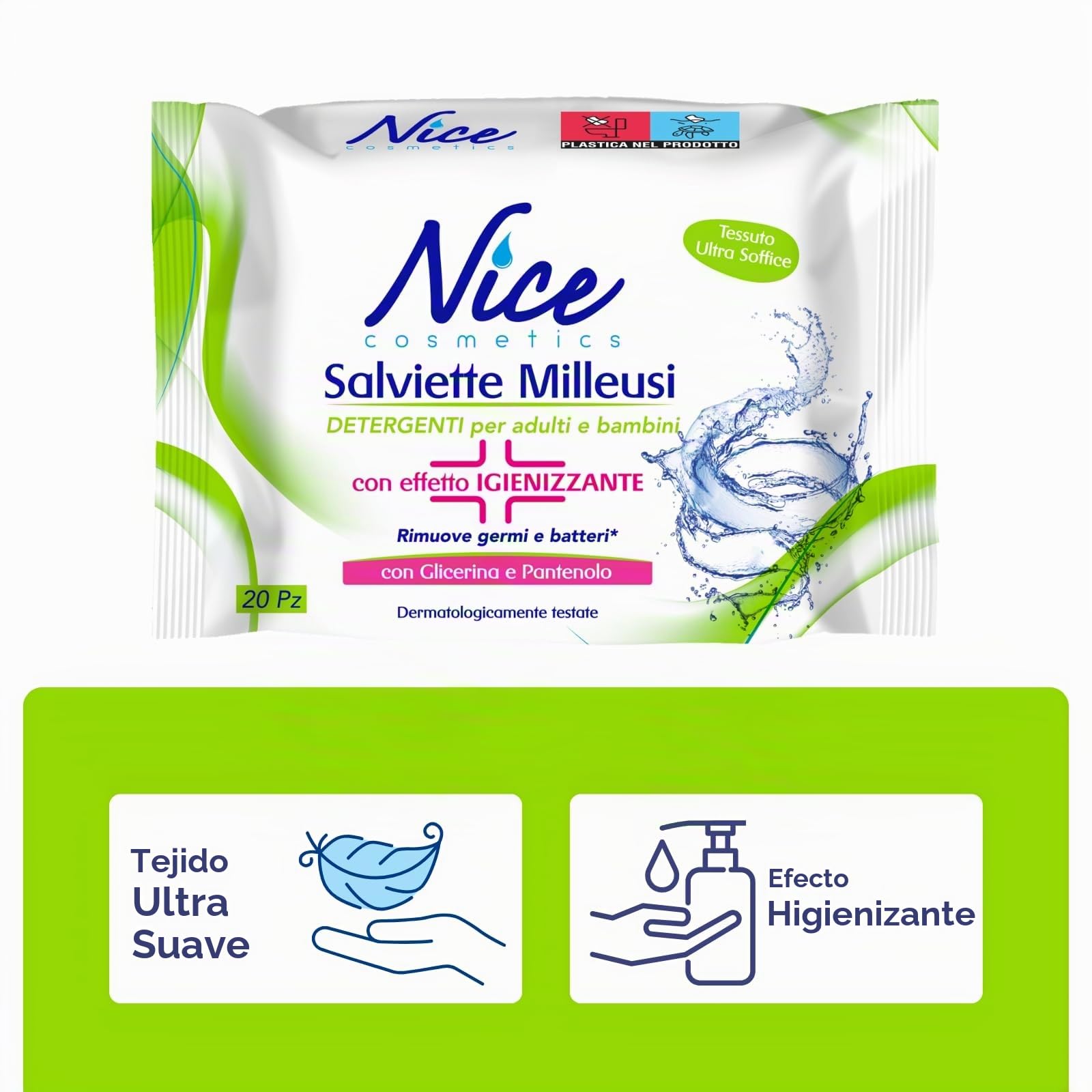 Nice Toallitas desinfectantes Milleusi – Eliminan gérmenes y bacterias – Frescas e hidratantes en la piel con glicerina y pantenol – Formato: Paquete de 20 toallitas