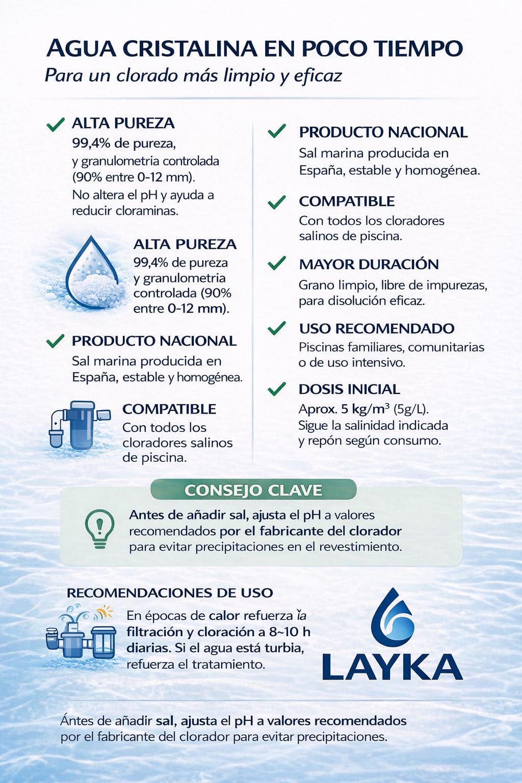 10 Sacos Sal para Piscinas 25 kg - Sal Piscina Cloracion Salina Layka - Agua Clara en Piscinas, SPA y Jacuzzis