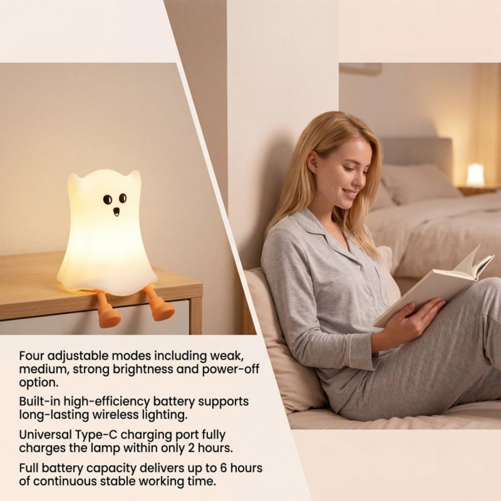 Générique Luce notturna fantasma Halloween – Lampada da notte calda e carina per camera da letto, decorazione ufficio divertente – 4 modalità regolabili, ricaricabile USB-C, autonomia 6H 3 articolo