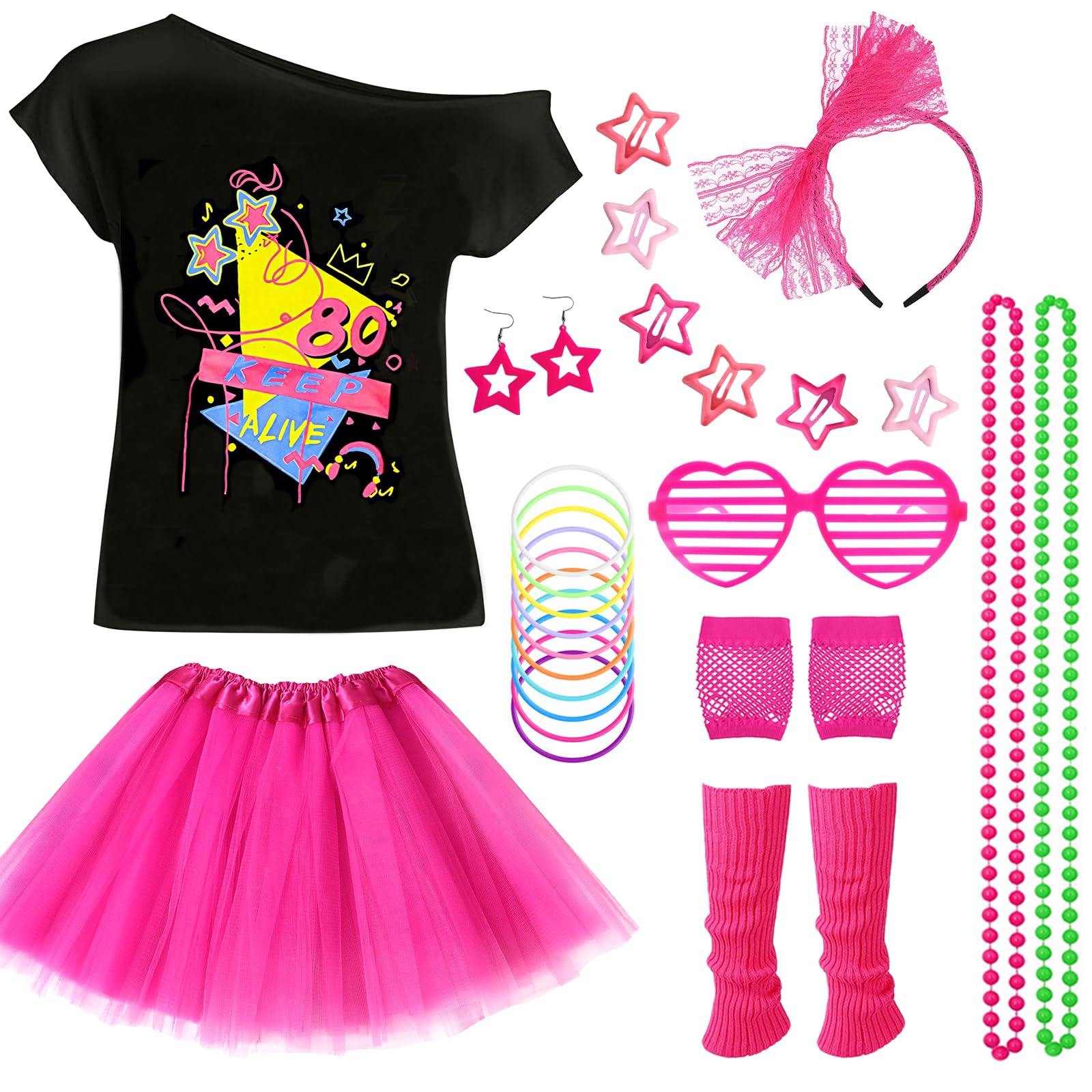 80s Costume Accessories Set for Girls, Fancy Dress Neon Party Outfit with T-shirt Tutu Skirt Fishnet Gloves Leg Warmers Earrings Bracelets Necklaces Hairpins Glasses Headband for Retro Party Cosplay