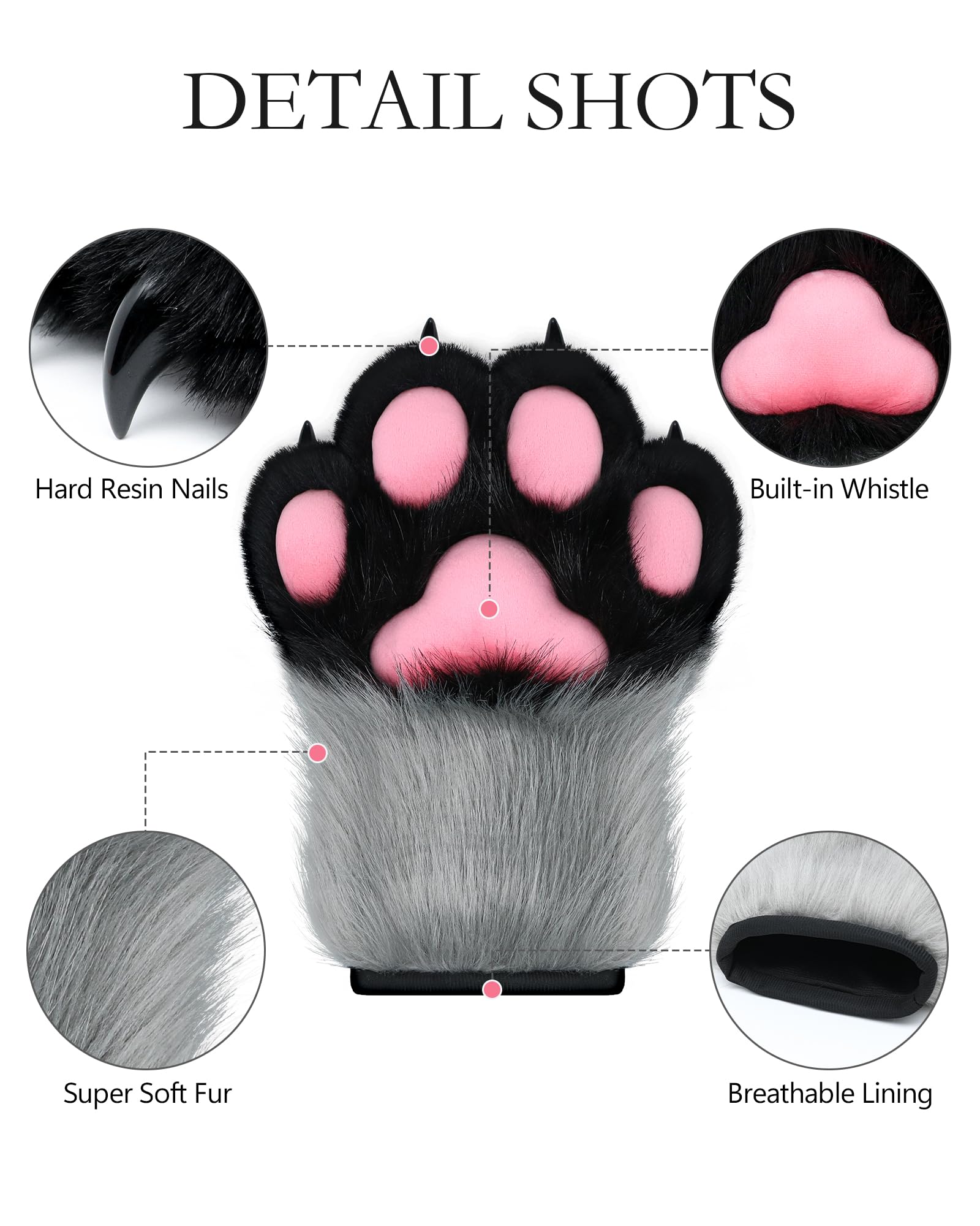 ZFKJERS Cosplay Animal Extended Fluffy Plastic Claws for Cat Fursuit Paws Gloves Adults Costume Accessories Set (Grey) - Image 2