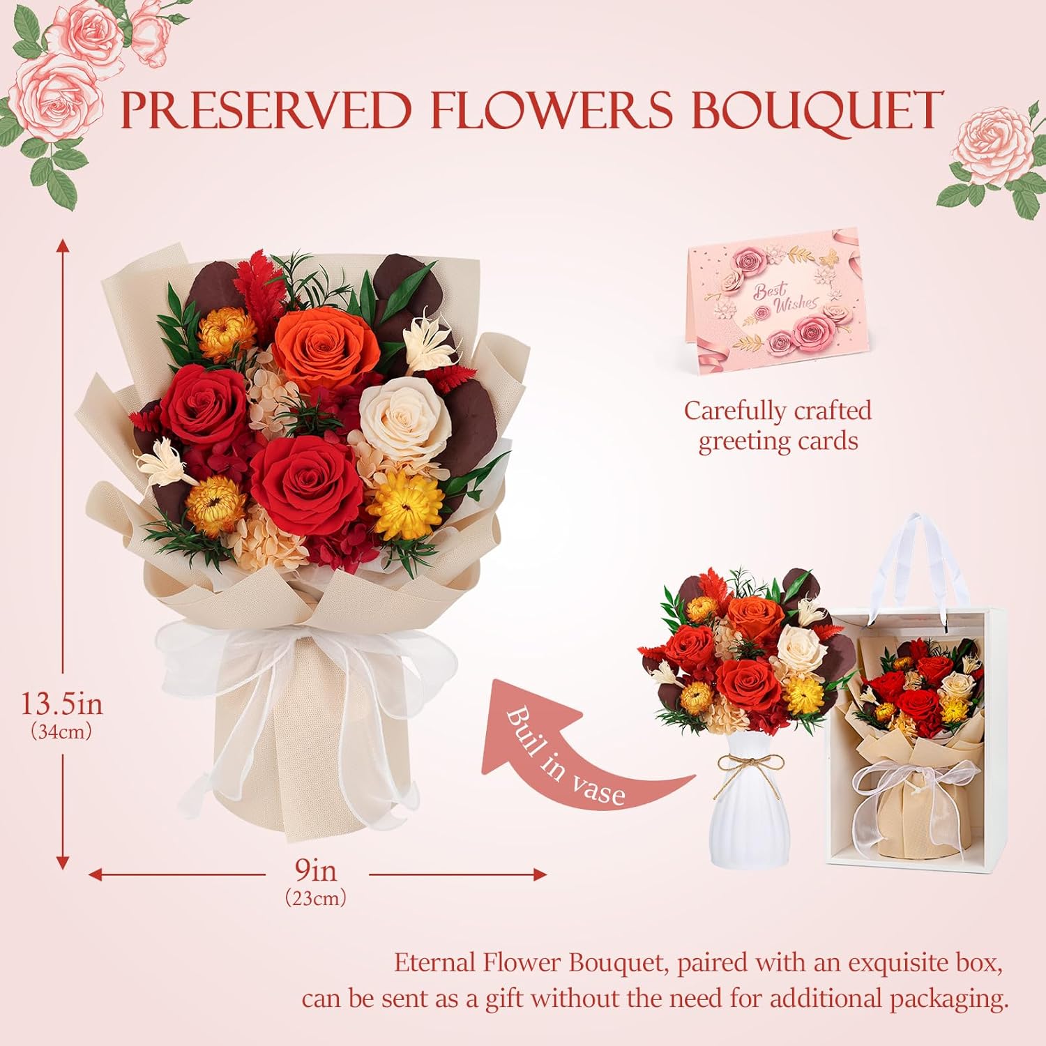 Preserved Flowers Bouquet 4 Roses with Vase,Flowers for Delivery Prime That Last 3-5 Years Real Forever Flowers Rose Bouquet for Mom Mother Women Wife Friends Birthday Mothers Day Gifts（Red） - Image 7