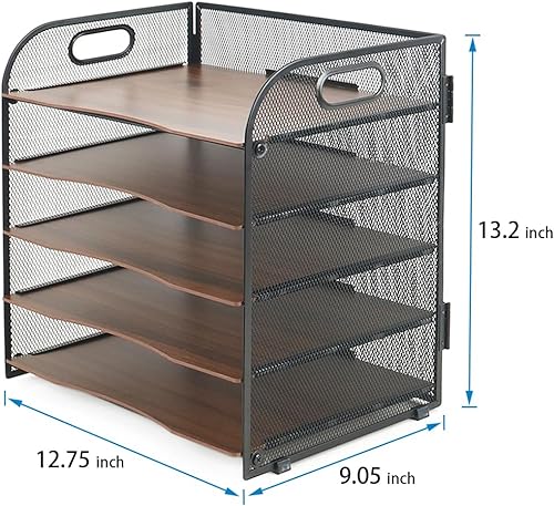Miniatura 6 de LUCYCAZ Organizadores de escritorio y accesorios, organizador de archivos de madera de 5 niveles, organizador de bandeja de papel de metal para