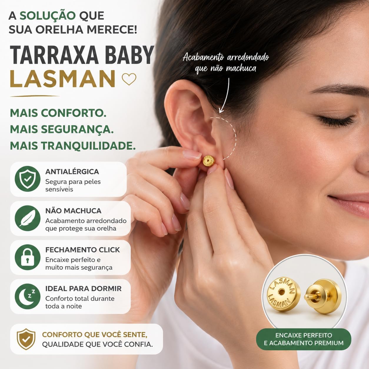 Tarraxa Baby Click Conforto Ouro Prata Antialérgica 4 Pares banhado A Ouro