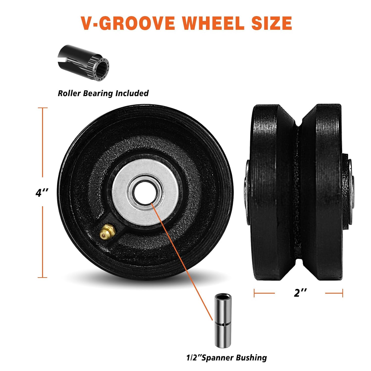 4" X 2" Cast Iron V Groove Wheel with Roller Bearing, 800 lbs Capacity,Industrial Metal Casters for Roll Tracks, Rolling, Sliding Gates(1Pack Black)