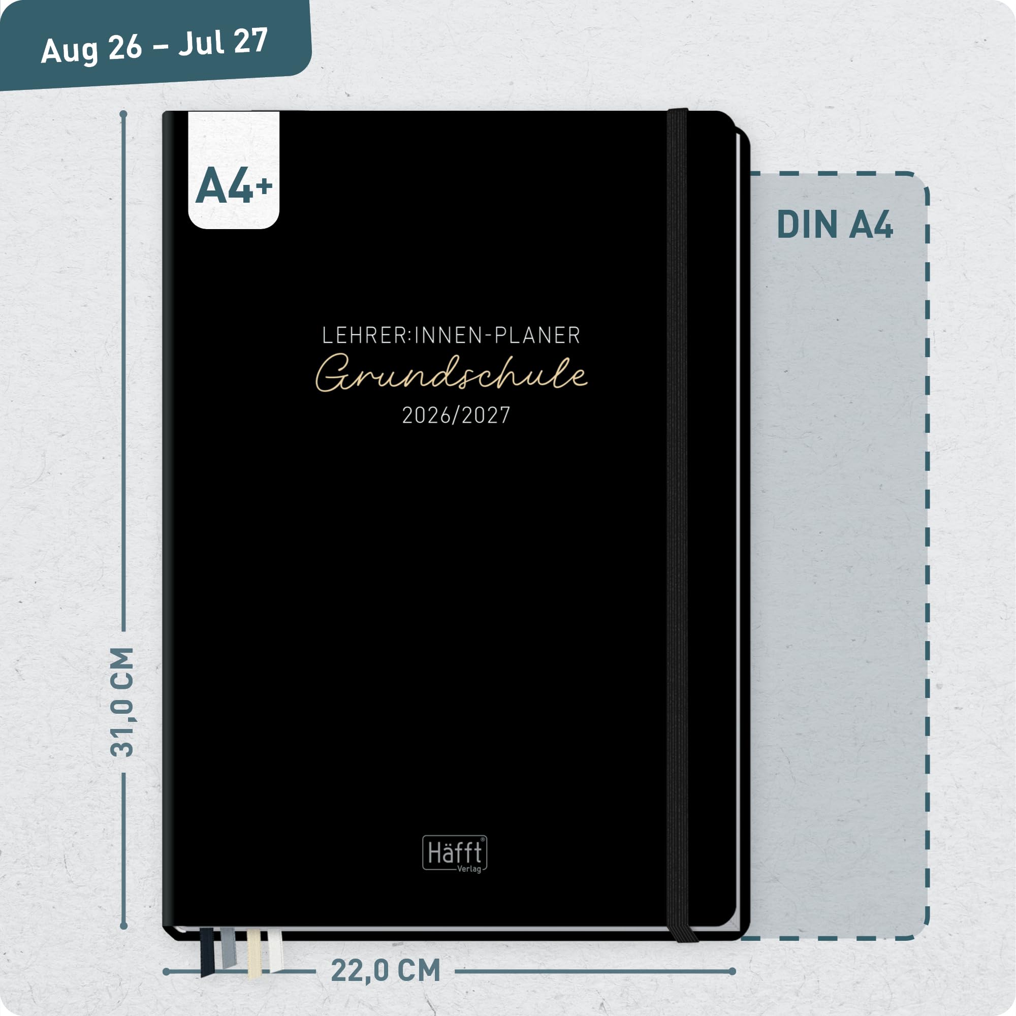 Häfft® Lehrerplaner Grundschule 2026/2027 im A4+ Format Hardcover - Schuljahr 12 Monate (Aug 26 - Jul 27) Lehrerkalender & Unterrichtsplaner für Klasse 1–4 "Black Edition"