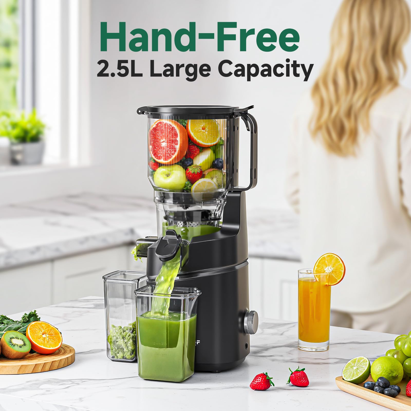 AMZCHEF Licuadora para Verduras y Frutas con 2 Modos de Velocidad - Licuadora Prensado en Frio con Función Inversa - Extractor de Zumos y Verduras con Botella Portátil y 2 Tazas - Negro Juicer