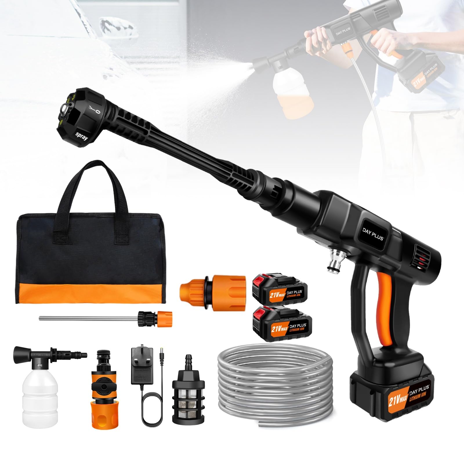 Cordless Jet Wash Power Washer 21V 45Bar High Pressure Cleaner with 6-in 1 Nozzle Extension Lance 5M Hose Ideal for Washing Cars Cleaning Fences Garden Floors — image 1