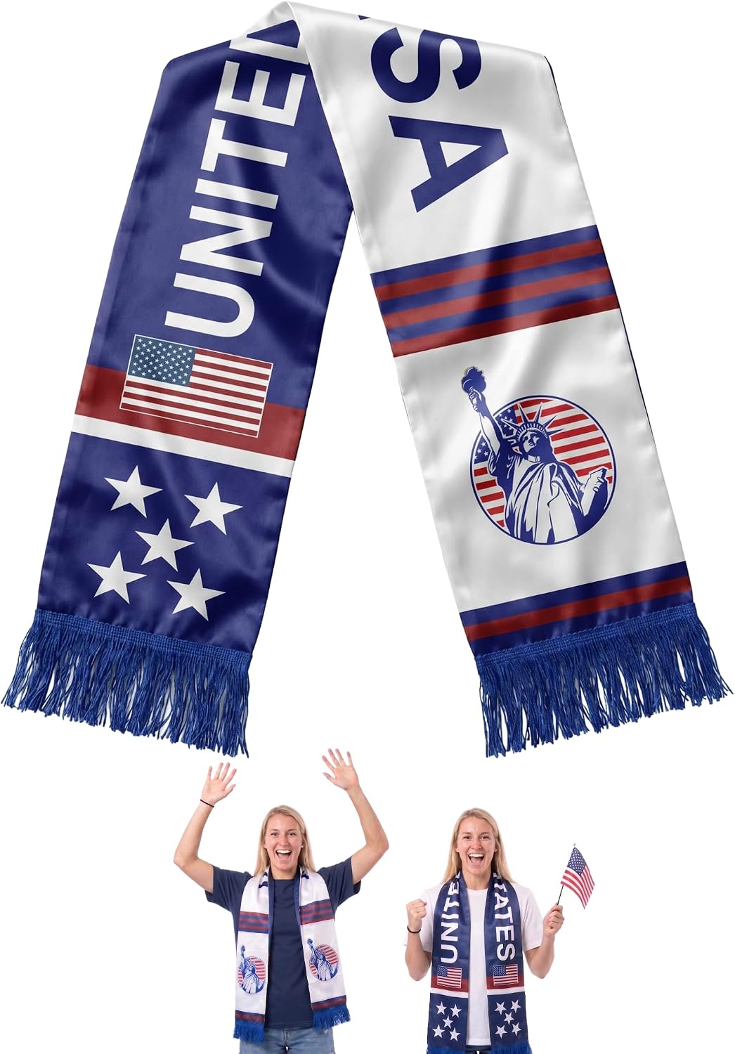 Kuqcy US Soccer Scarf 55.1x6.7 Inch Satin Double Sided Blue White with Tassels - Patriotic Flag Scarf for 2026 Soccer Fan Gear, 4th of July Accessories, Red White and Blue 250th Independence Day