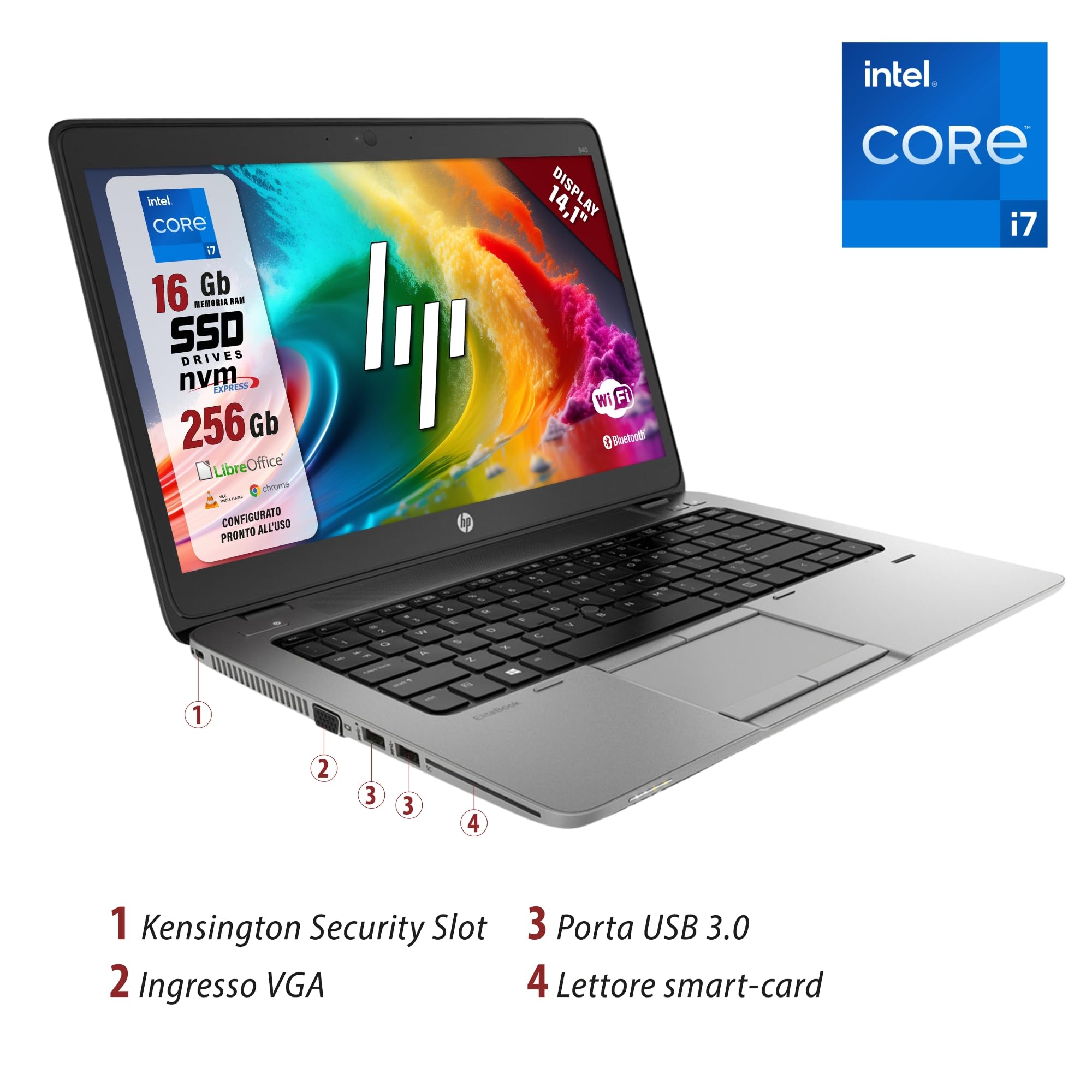 HP Elitebook, Intel Core i5-4300U 2 Core 1.9 GHz, Display 14,1", Ram 8Gb, SSD 256Gb, Pc Portatile Notebook Pronto all'uso, Pacchetto Libre (Ricondizionato)
