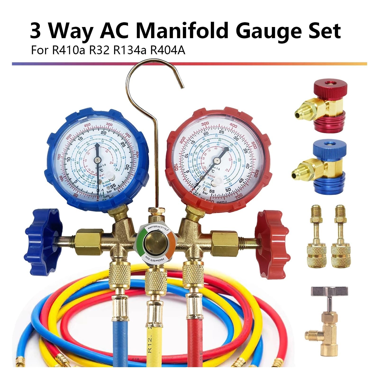 AC-Kältemittel-Nachfüllset, Klimaanlagen-Manometer mit Schlauch und Haken, 3-Wege for R12, R32, R404A, R134a Kompatibel(SET B)