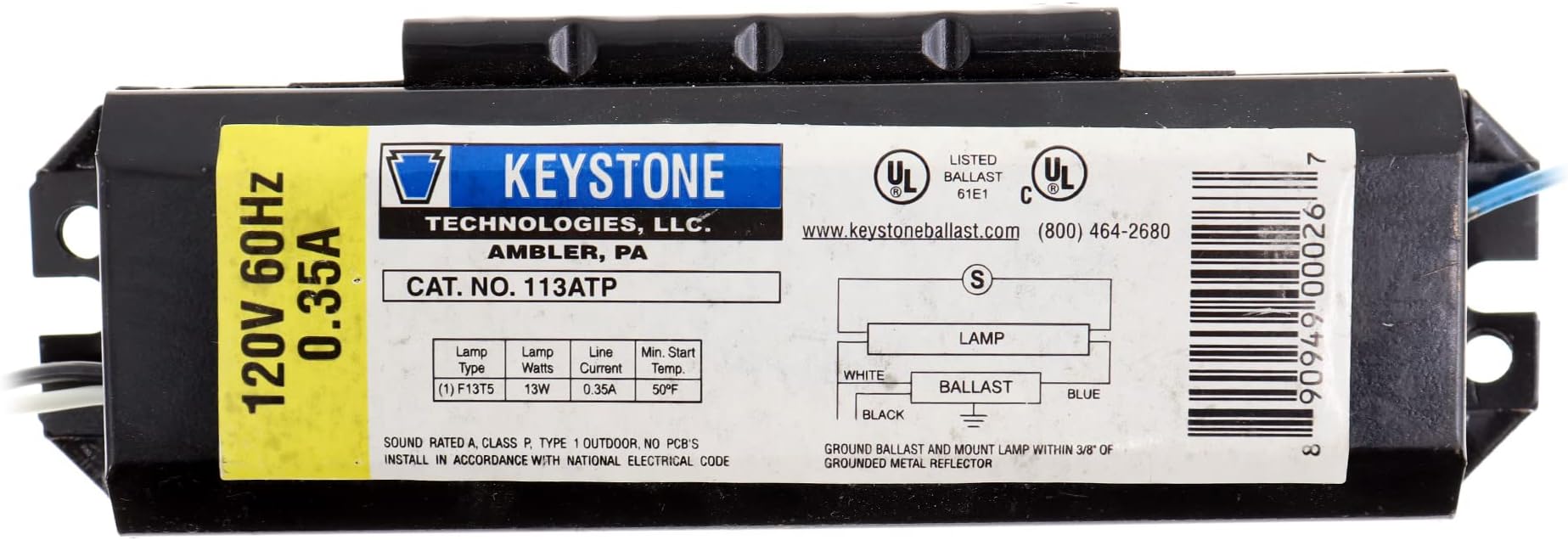 Keystone 113ATP Fluorescent Ballast, 1-Lamp, F13T5, 13W T5, 120V