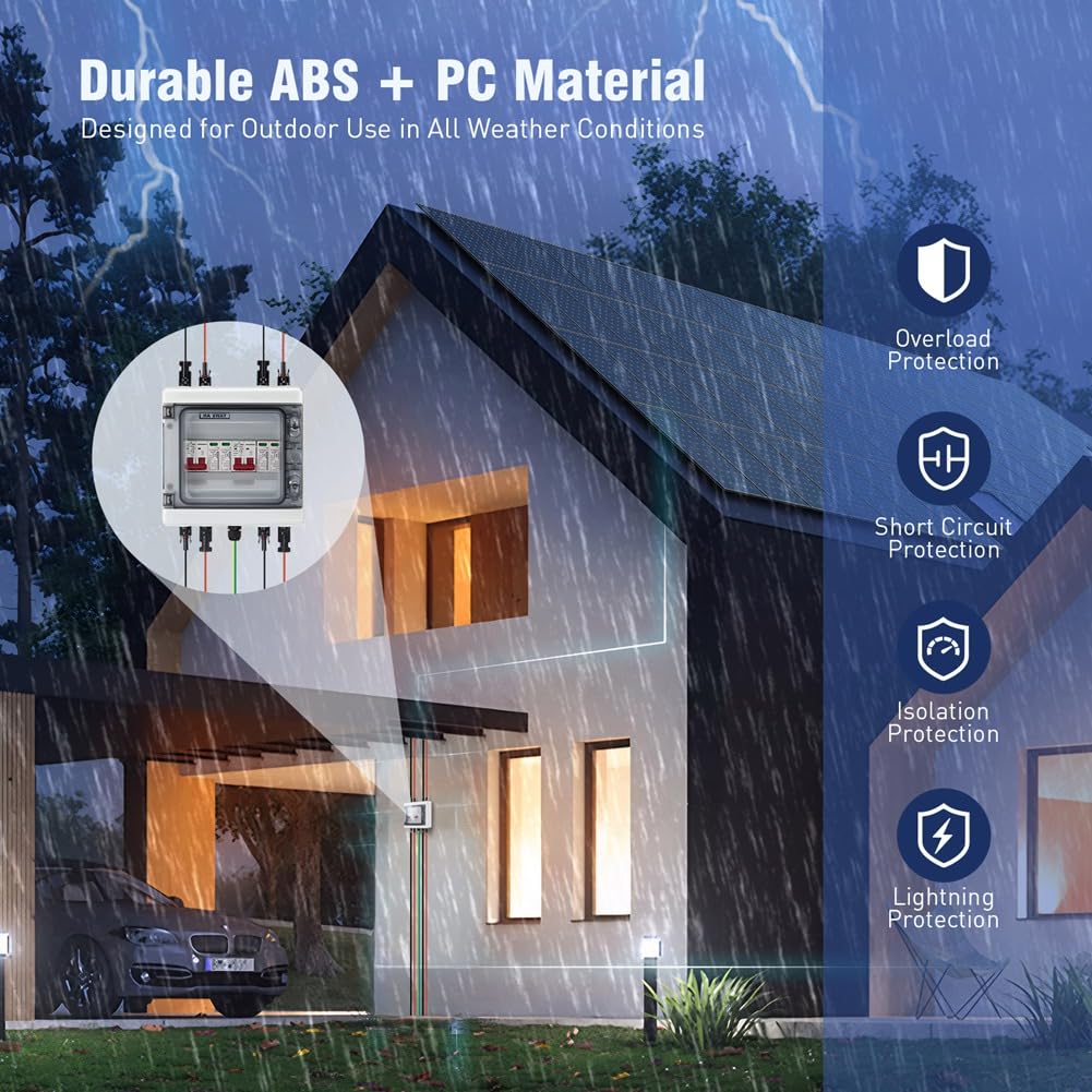 Solar Combiner Box Mehrschichtiger Schutz, DC40A PV 2 Eingänge 2 Ausgänge Trennschalter, IP65 Wasserdicht
