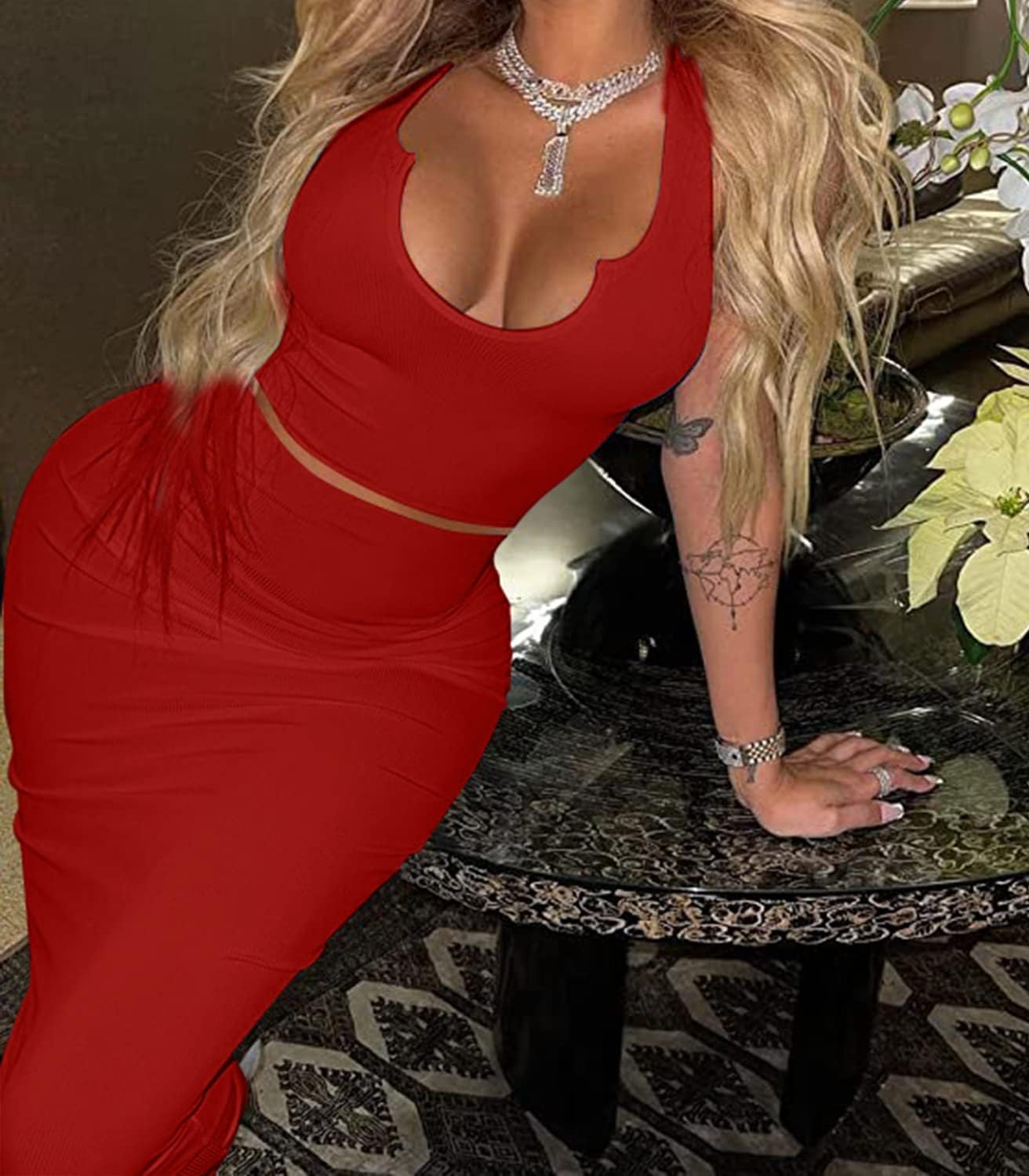 2 Piece Outfit Maxi Dress for Women, Summer Deep U Neck Sleeveless Tank Crop Tops Long Skirt Set Party Bodycon Dresses - Image 6