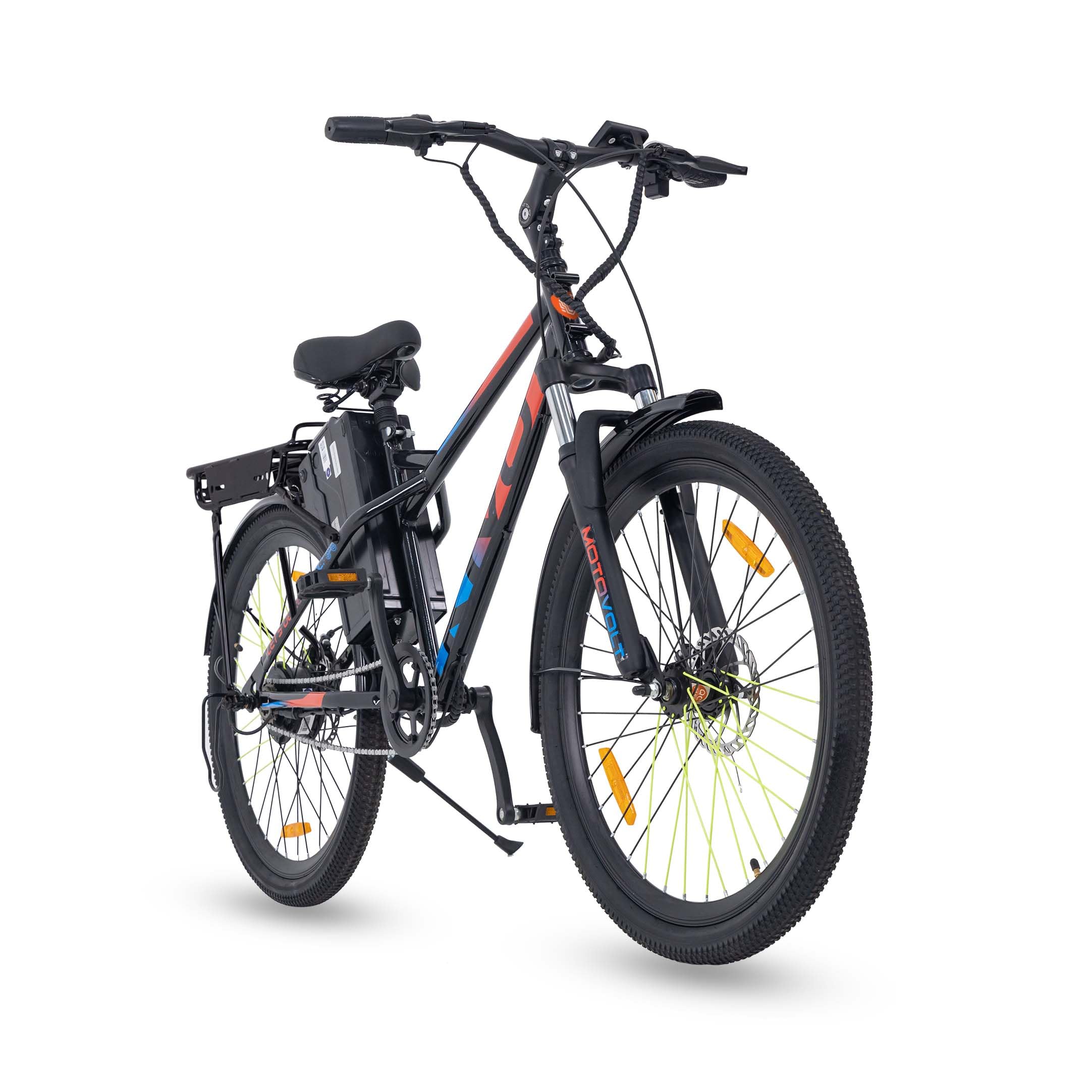 Motovolt Kivo Lite Electric Cycle | 36V 250W BLDC Motor | Up to 45 KM IDC Range | 6Ah Removable LFP Battery (IP65, BIS Certified) | 110 kg Payload | Front Suspension | 26” Tyres | Black