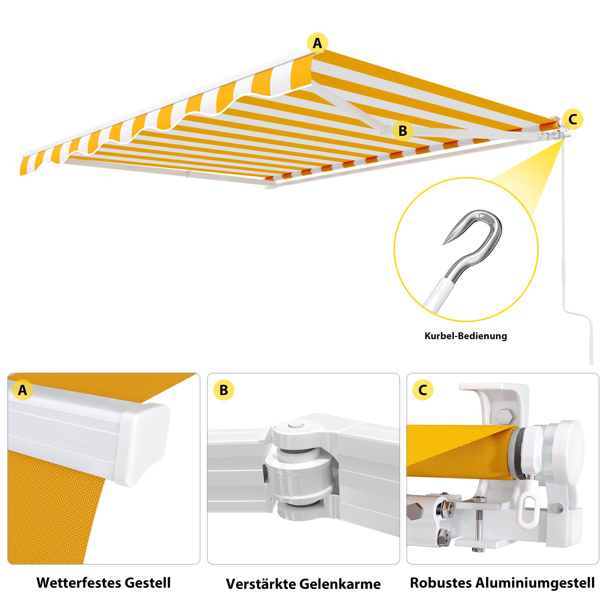 paramondo Gelenkarmmarkise Easy Balkonmarkise Sonnenschutz Terrasse, Vollständig zusammengebaut, Kurbelbedienung, 2,95 x 2 m (Breite x Ausfall), Blockstreifen Gelb-Weiß