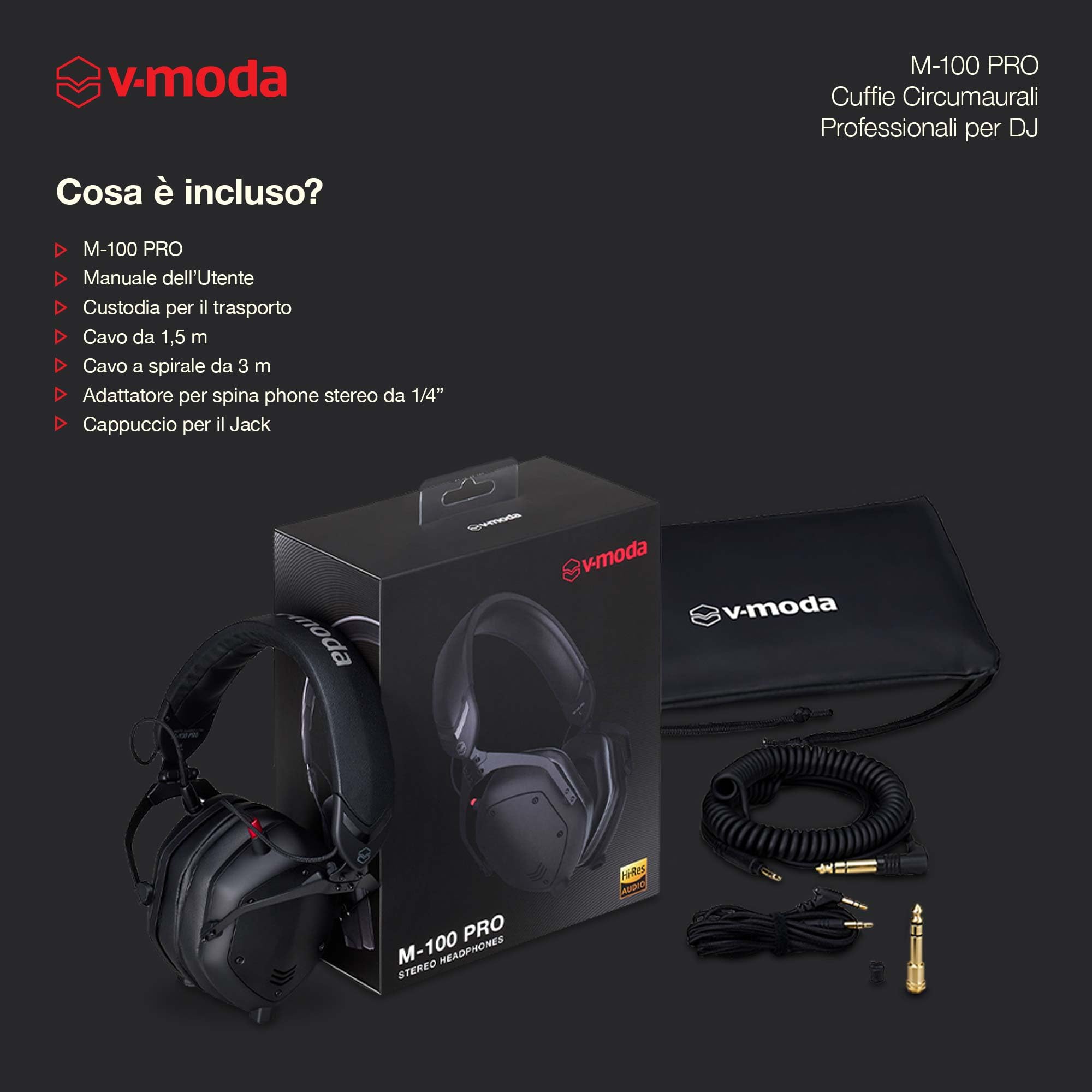 V-Moda M-100 PRO | Cuffie circumaurali professionali per DJ | Nate per i DJ pro e la musica dance | Superiore isolamento dal rumore | Ascolto con un solo orecchio | Comfort per lunghe sessioni