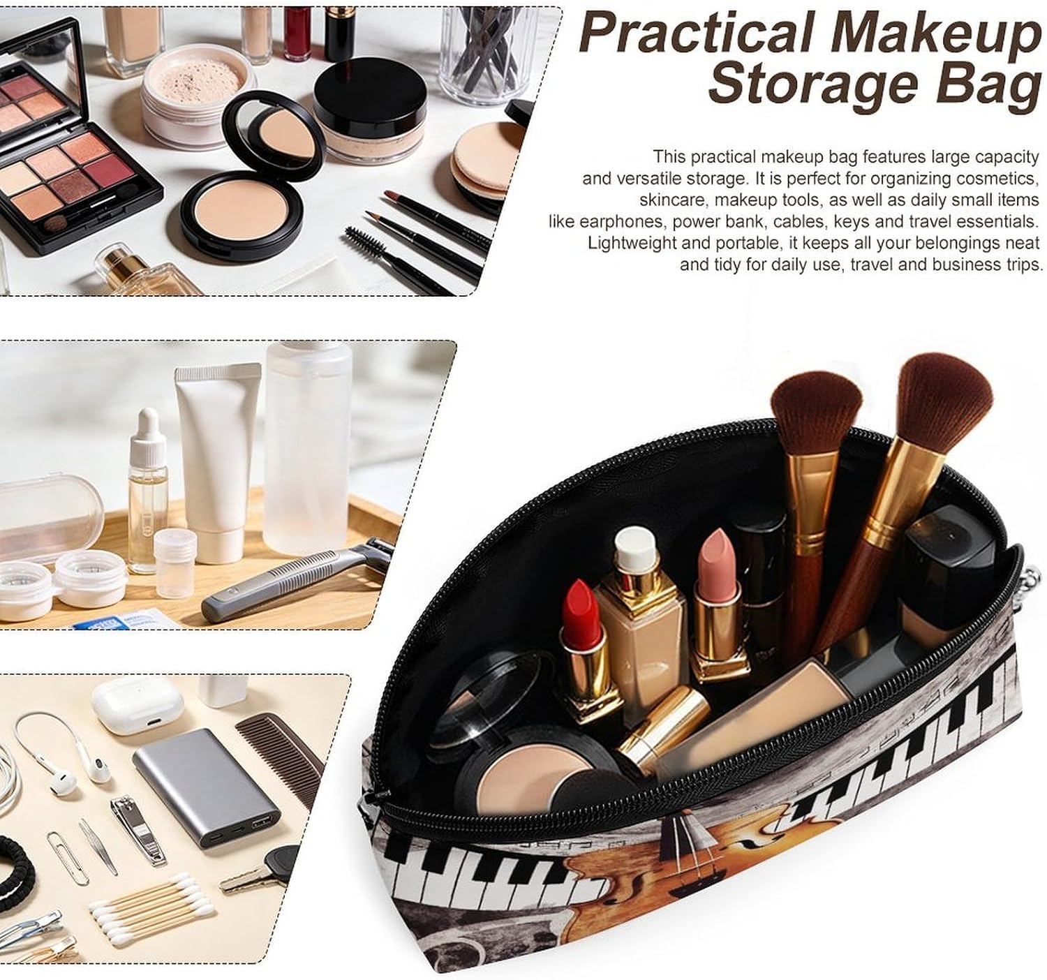Piano Violin Music Notes Makeup Bag for Women Travel Makeup Organizer Large Capacity Cosmetic Bag Water-resistant Toiletry Bags Portable Cosmetic Case Personalized Leather Makeup Bags image 4