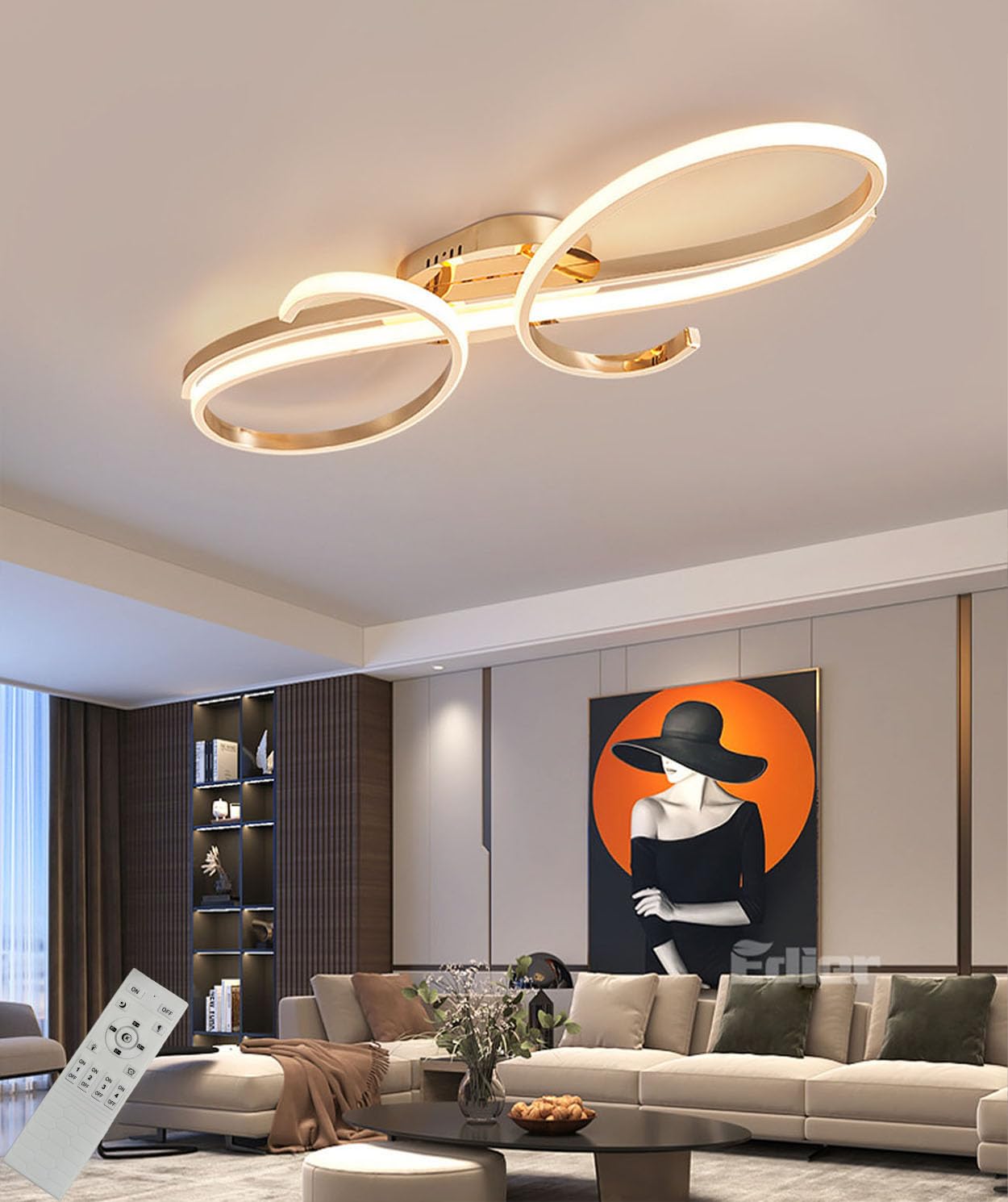 JINGKER Modern LED Ceiling Light Dimmable Living Room Ceiling Lamp Lndoor Lighting fixtures Minimalist Bedroom Ceiling Lighting with Remote Control for Bedroom Kitchen Living Room (Gold, L100CM)