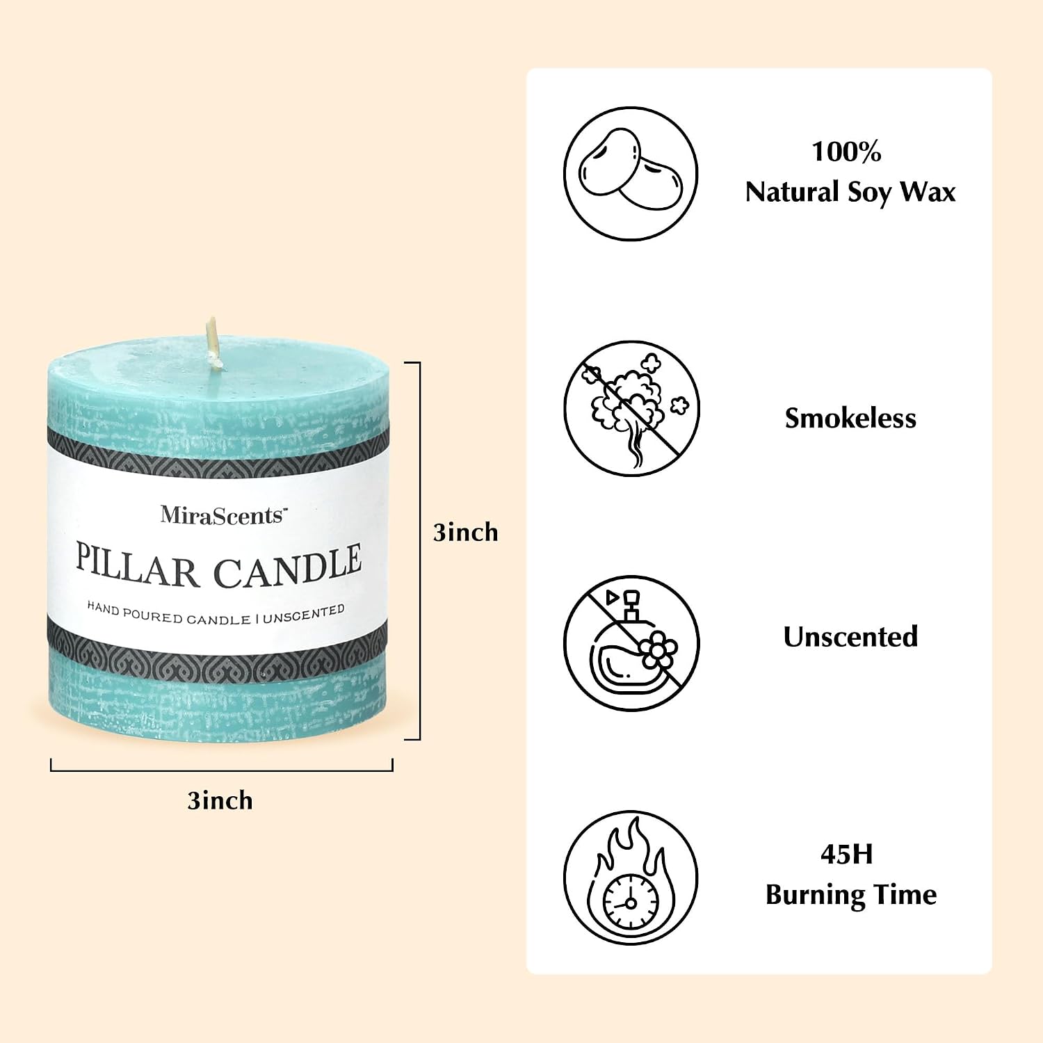 3x3 Inch Turquoise Pillar Candles Set of 3 - Unscented Candles, Long Clean Burning, Large Big Candles, Smokeless Dripless Pillar Candles for Dinner Table, Wedding, Home, Bathroom, Rustic Decor image 3