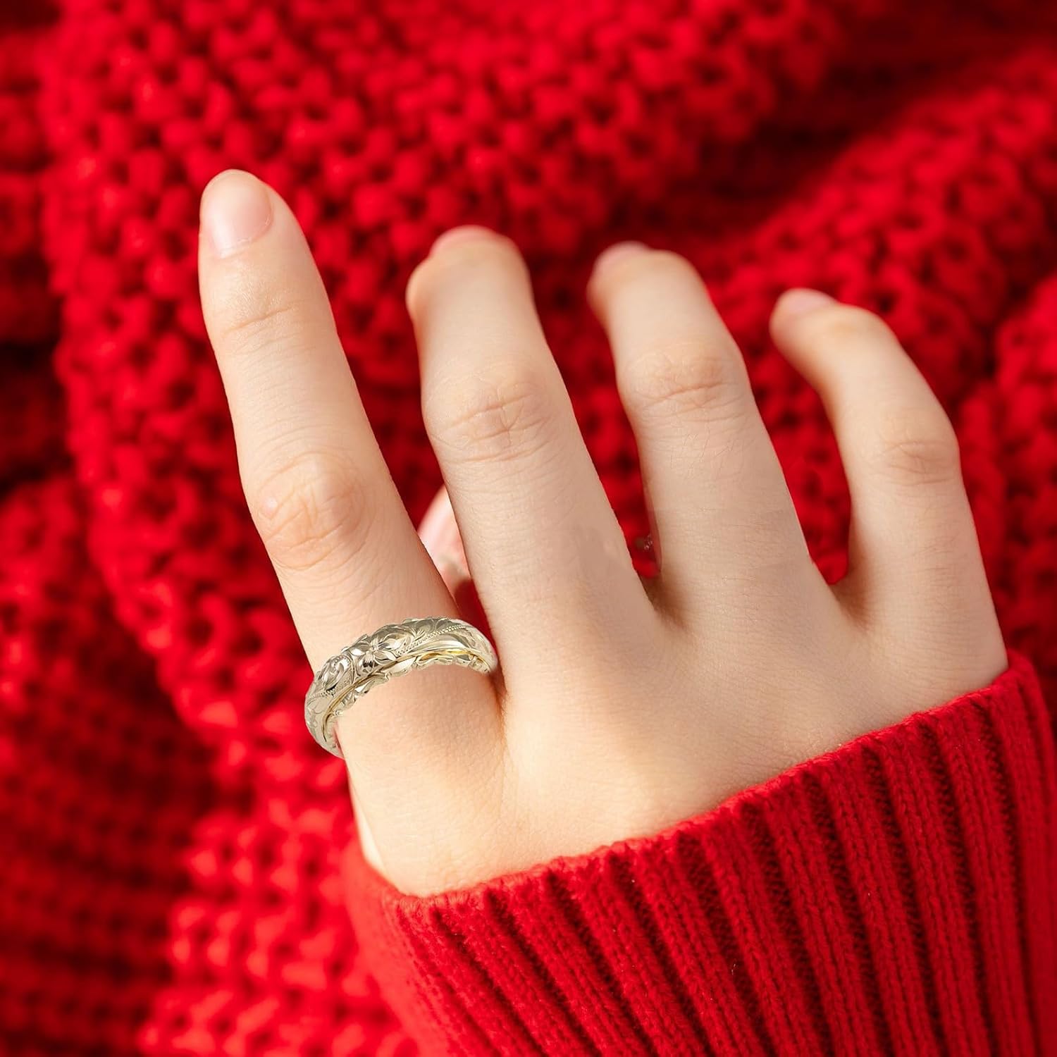 Dainty Engraved Plumeria Flower Ring, 14K Gold Plated Hawaiian Princess Plumeria Flower Scroll Promise Ring Stackable Wedding Engagement Band Jewelry for Women or Men - Image 2