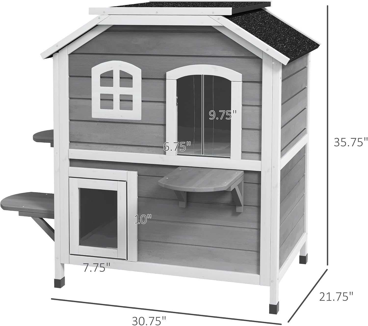 PawHut 2-Story Cat House Outdoor, Weatherproof Wooden Cat Enclosure for Feral Cats with Escape Door, Openable Roof, Jumping Platforms, Gray