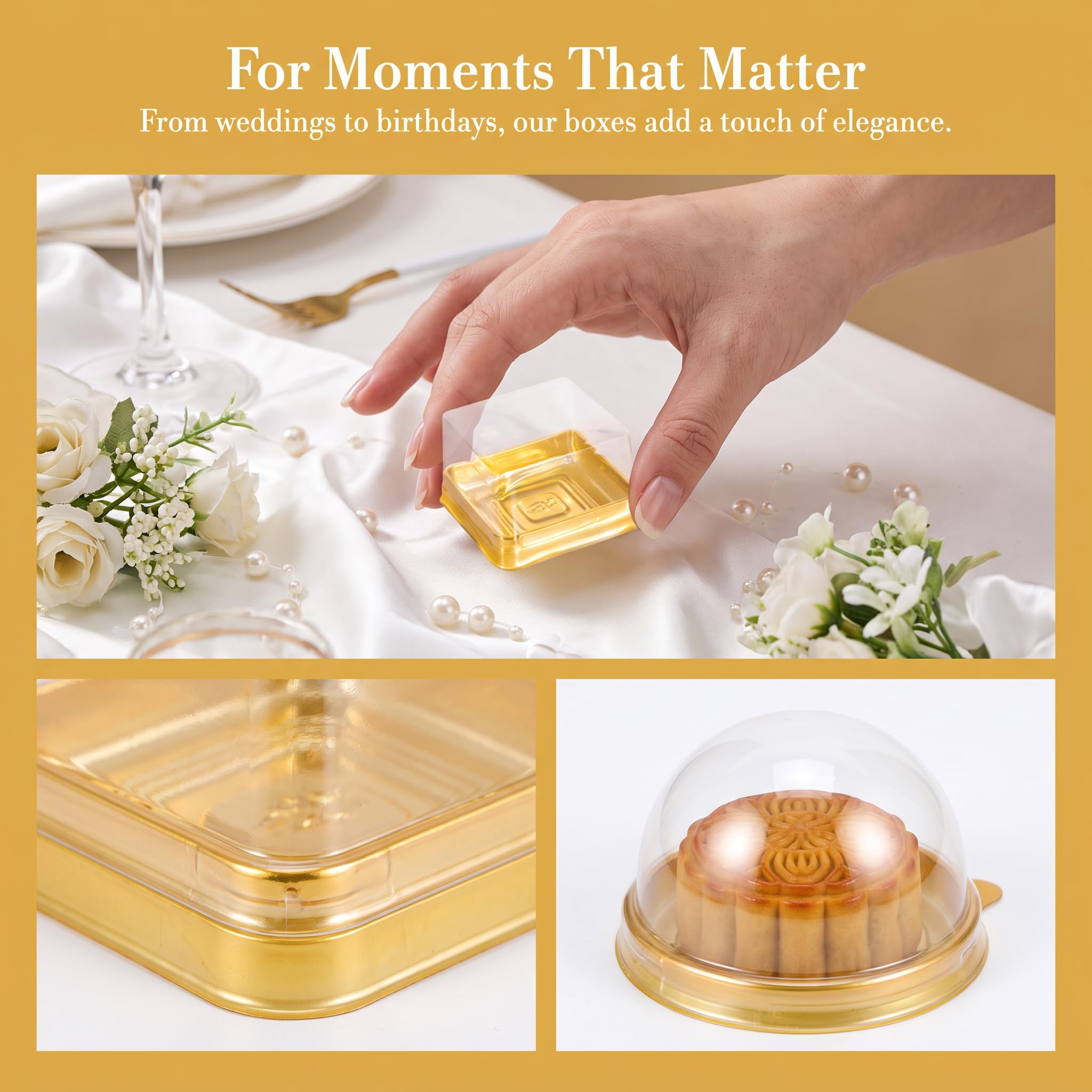 DOITOOL Transparente Mini-Kuchenbox aus Kunststoff, Muffinboxen, 100 Stück, quadratisch, Cupcake-Boxen, Muffin-Kapseln, Einzelbehälter, Box für Hochzeit, Geburtstag, Geschenke, Zubehör (Golden)