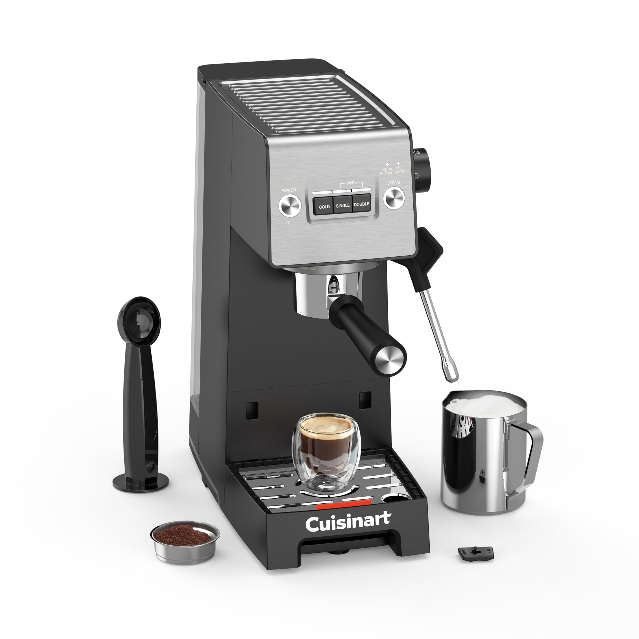 Cuisinart® Slim Espresso Machine | Espresso, Americano, Cold Brew | Integrated milk frother for Lattes and Cappuccino | 15-Bar Pressure, Bottomless Portafilter |Compact Design, Travel Mug Compatible