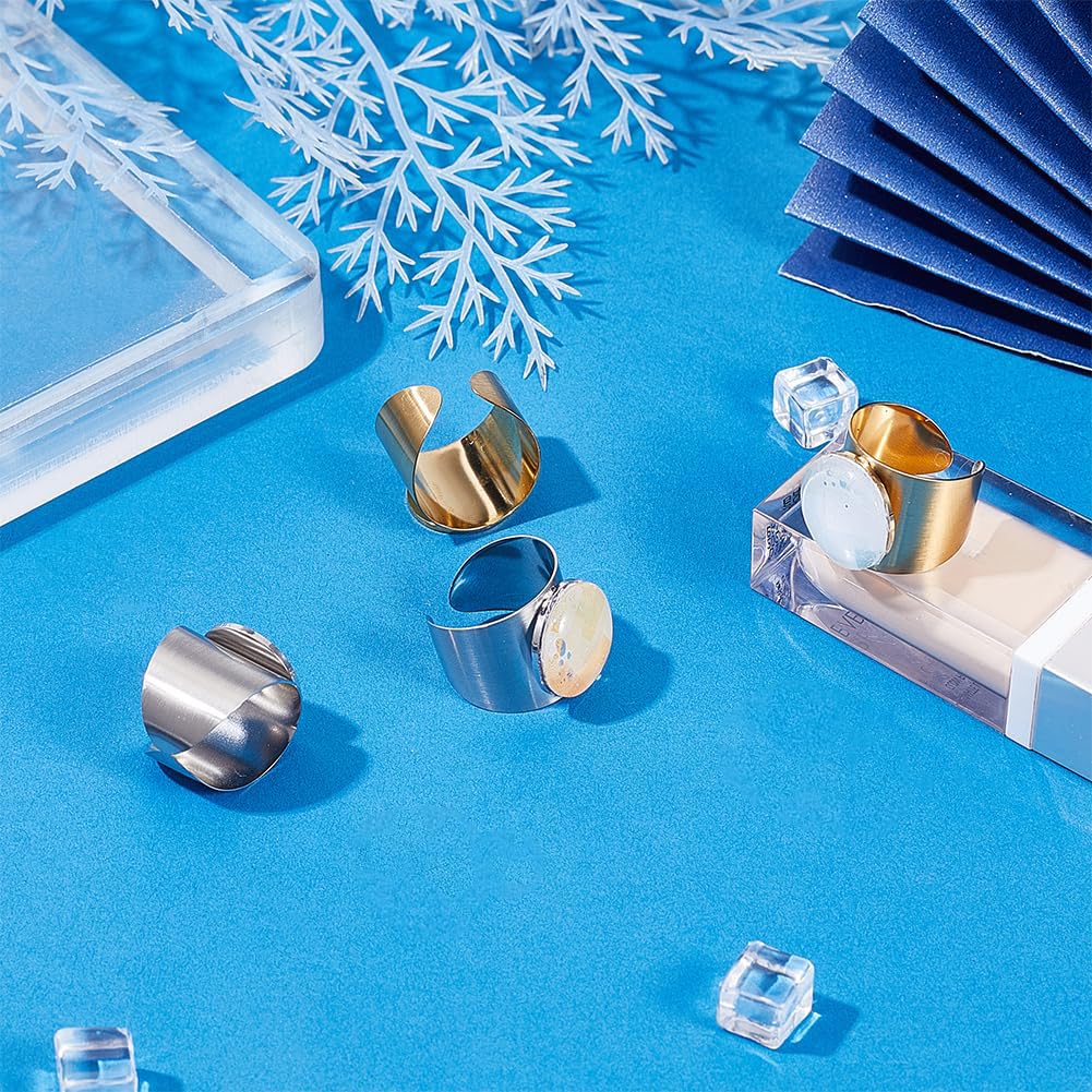 UNICRAFTALE 4 Sets 2 Colors Tray 15mm 304 Stainless Steel Open Cuff Finger Ring Blank Dome Wide Ring Making Kit Metal with Glass Cabochon Ring Settings Golden Bezel Trays Ring for DIY Rings Making