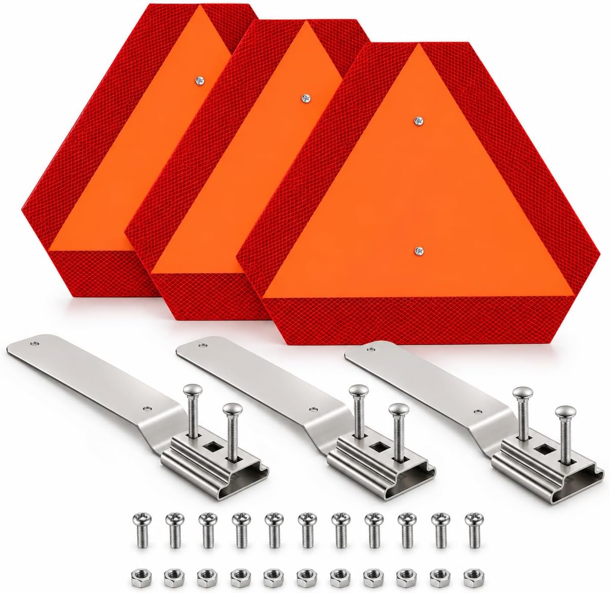 3 Set -Slow Moving Vehicle Sign with Mounting Bracket, 14 x 16 Inch Aluminum Reflective Triangle, Orange SMV Warning Sign for Golf Cart, Tractor, UTV, ATV, Roadside Safety