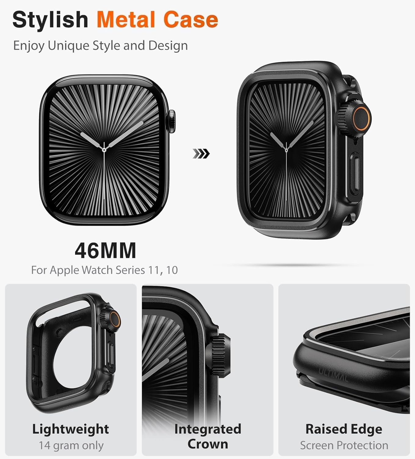 ULTIMAL Metal Case Compatible with Apple Watch Series 11/10 46mm with Back Cover, Military Grade Shockproof Protective Case, Rugged Cover for iWatch 46mm (Black) - Image 7