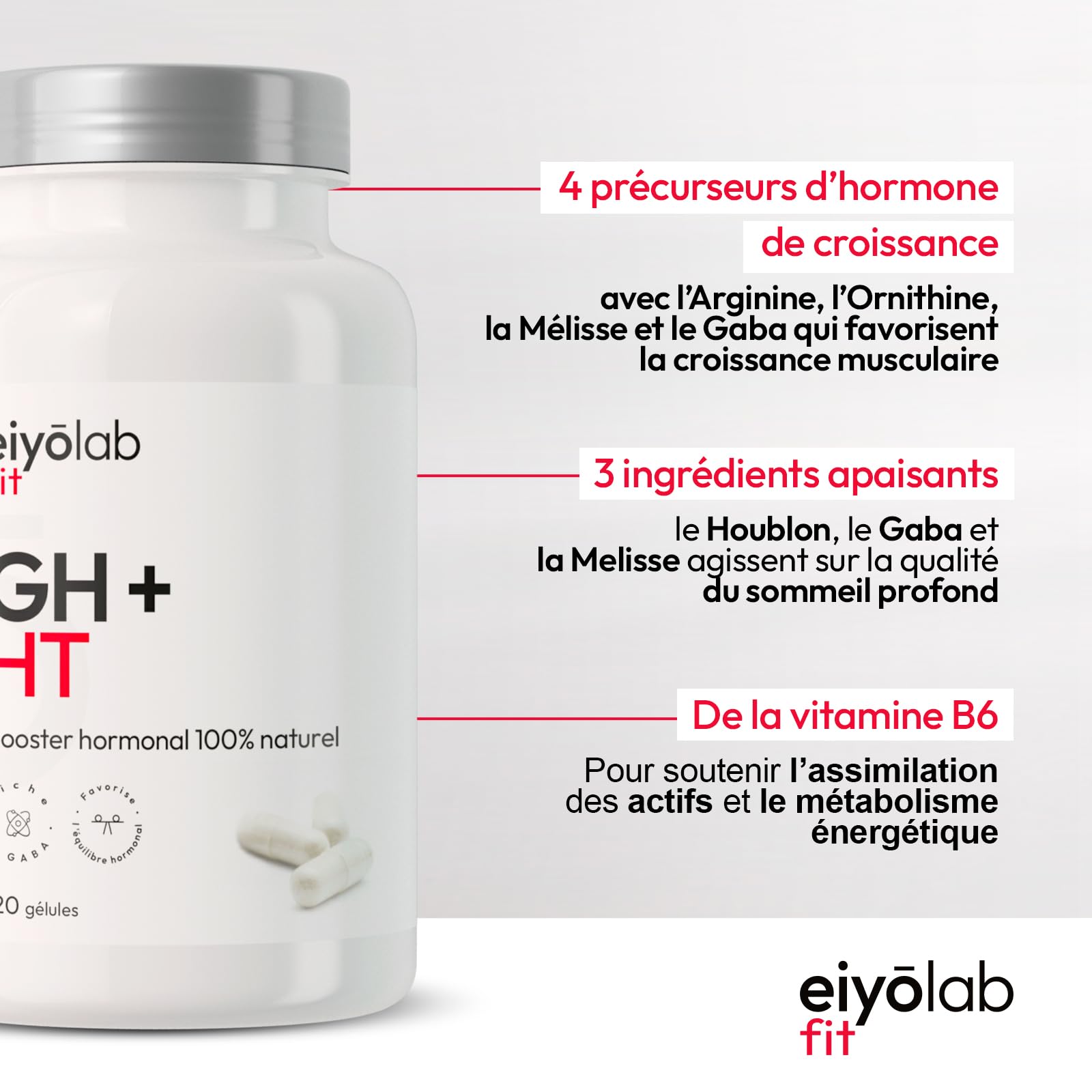 GH + HT | Booste Naturellement la Production d’Hormone de Croissance | Arginine, Gaba, Ornithine & Melisse | Construction Musculaire et Qualité du Sommeil | Vitamine B6 | 120 Gélules Vegan | Eiyolab