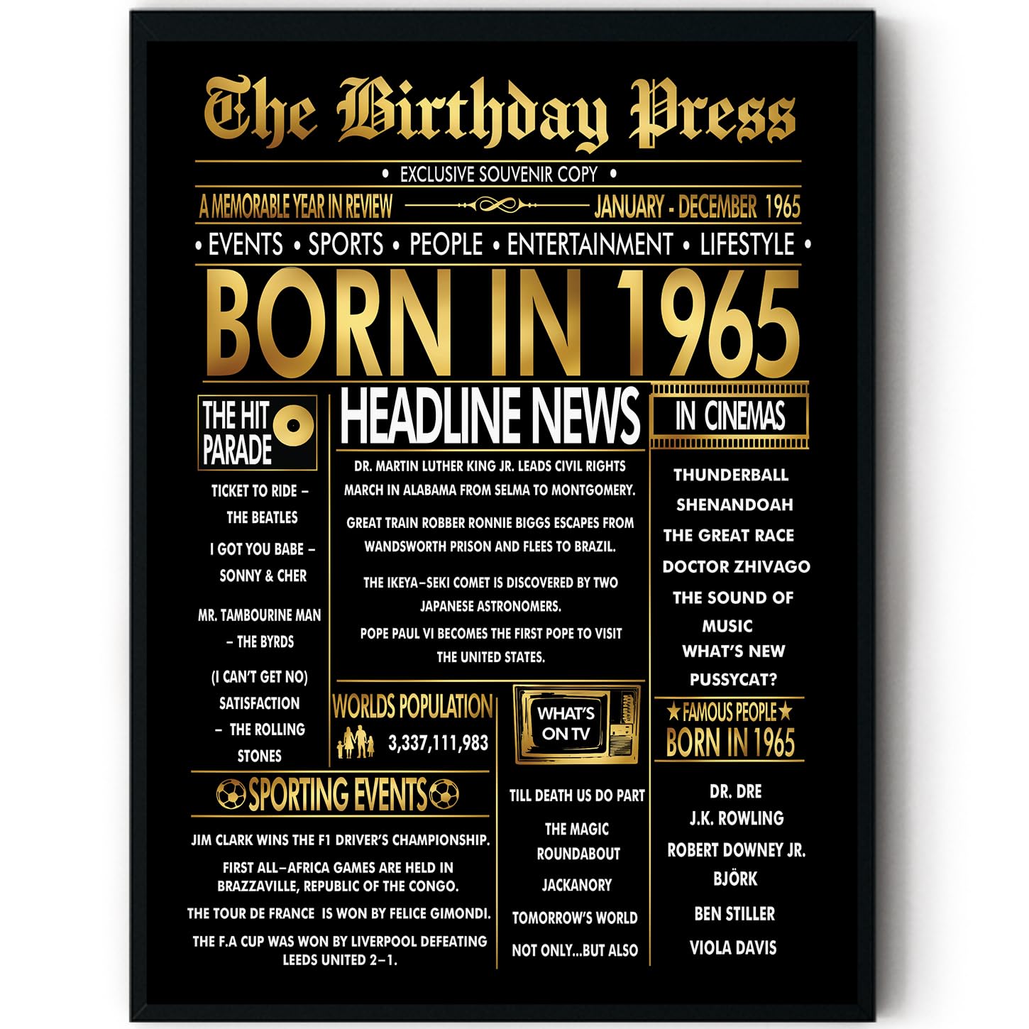Stuff4 Men's 1965 Gold 61St Birthday Poster Framed - Golden Born In Newspaper - Happy 61 Birthday For Wo Retro Vintage Gifts Back In 8X10 Inch Bday Party Decor Decoration