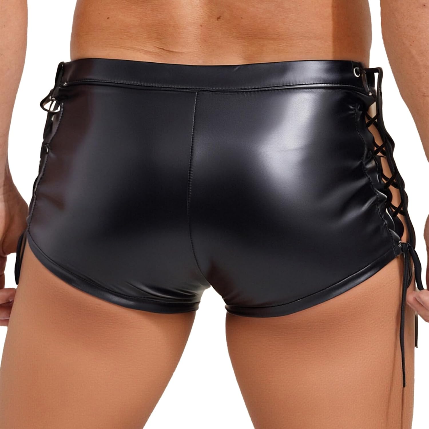 Jugaoge Mens Low Rise Faux Leather Shorts Sides Lace-up Shiny Metallic Dance Boxer Shorts Moto Hot Pants